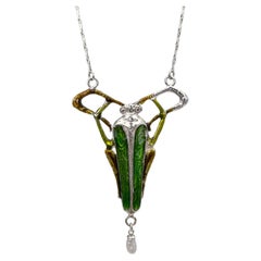 Art Nouveau Style Silver Green Enamel Pearl Grasshopper Pendant Necklace