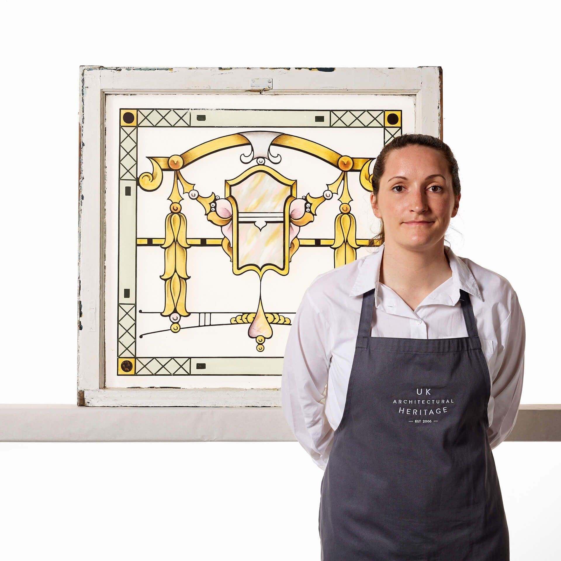 An early 20th century stained glass window, beautifully etched with Art Nouveau style details.

This is just one of ten similar windows we have for sale. While it will look stunning on its own as a feature window, it could be paired with one or more