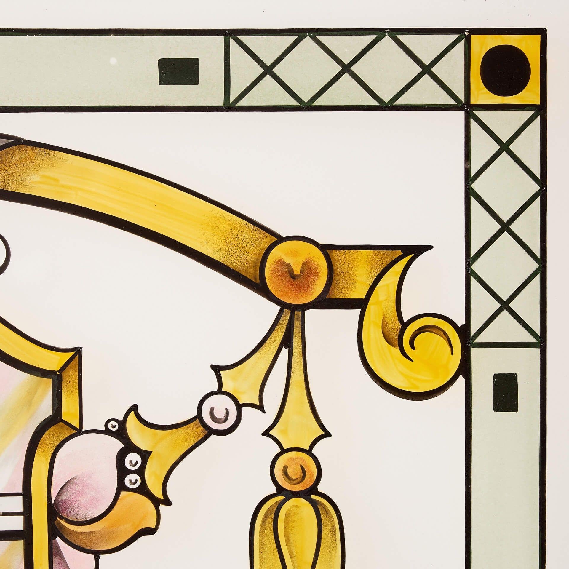 Art Nouveau Style Stained & Etched Glass Window In Fair Condition For Sale In Wormelow, Herefordshire