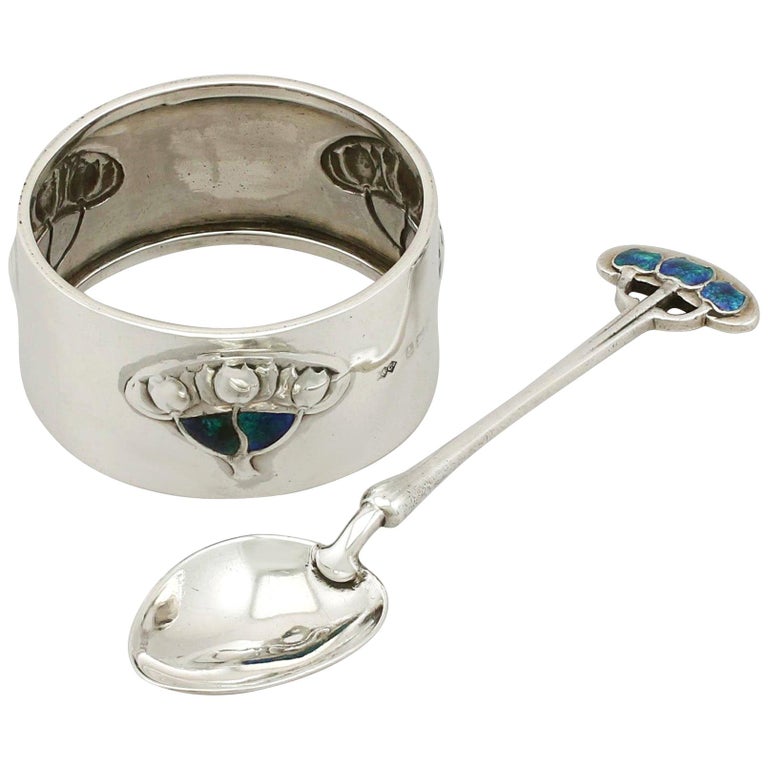 Art Nouveau Style Sterling Silver and Enamel Christening Set For Sale
