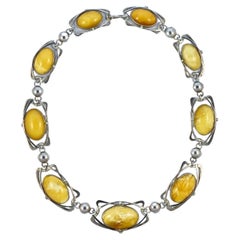 Retro Art Nouveau Style Sterling Silver and Polished Butterscotch Amber Link Necklace