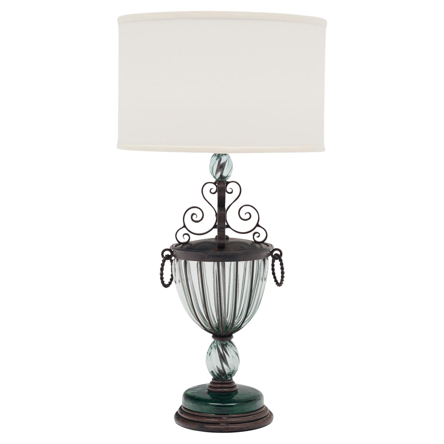 Art Nouveau Style Table Lamp, French, Glass, Iron, Vintage 1930s