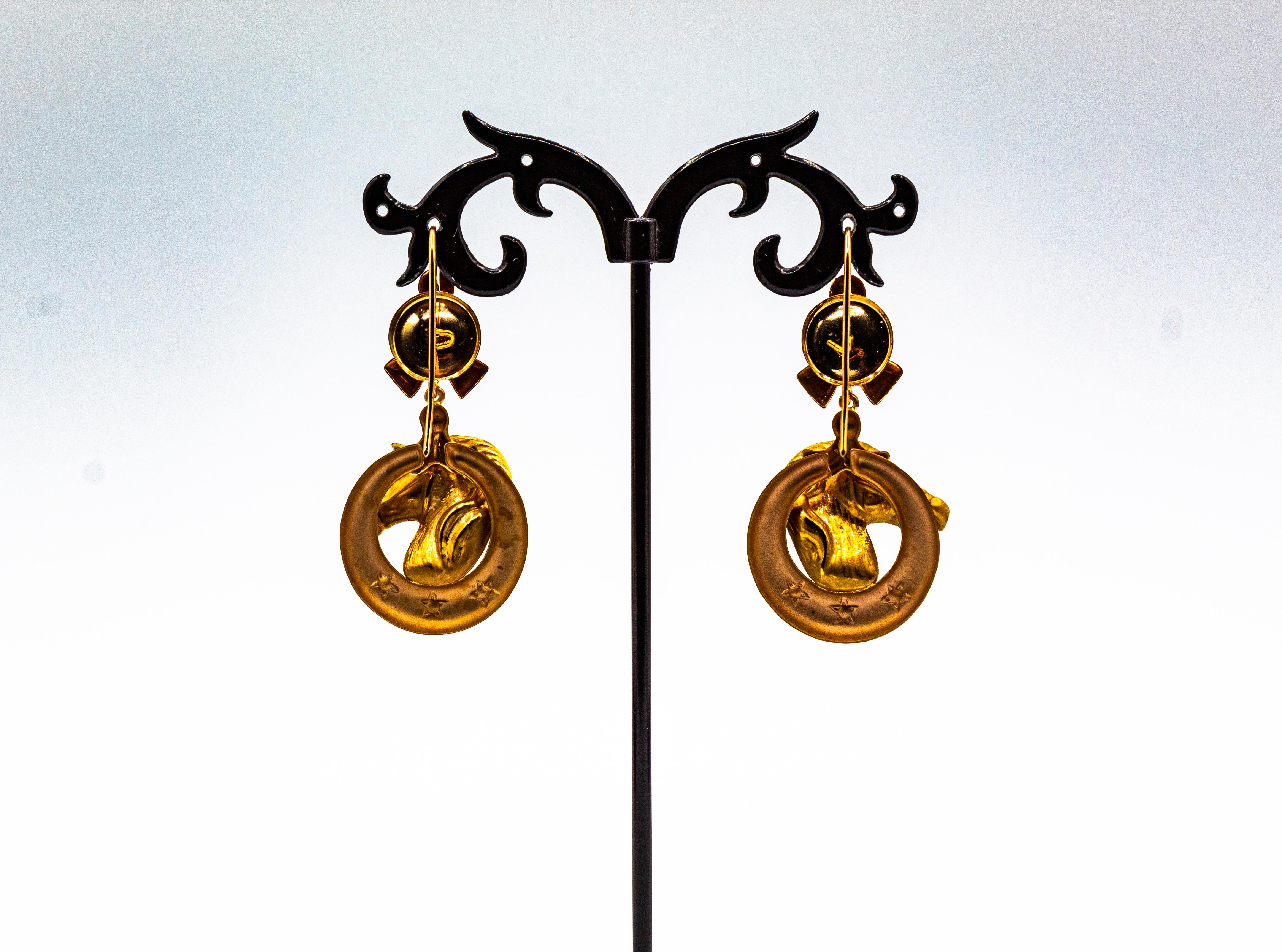 Art Nouveau Style Turquoise Handcrafted Horses Enamel Yellow Gold Drop Earrings For Sale 5