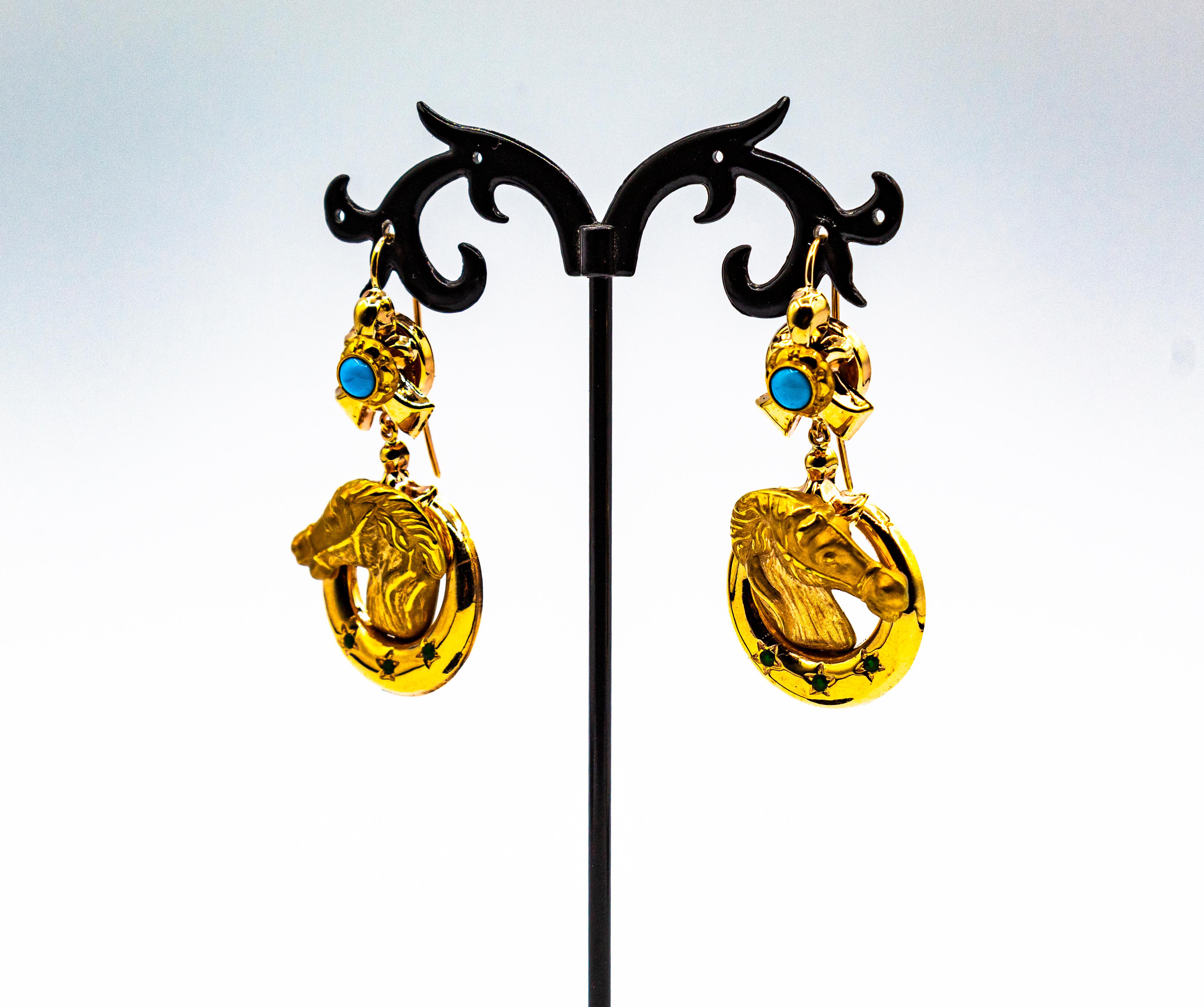 Art Nouveau Style Turquoise Handcrafted Horses Enamel Yellow Gold Drop Earrings For Sale 6