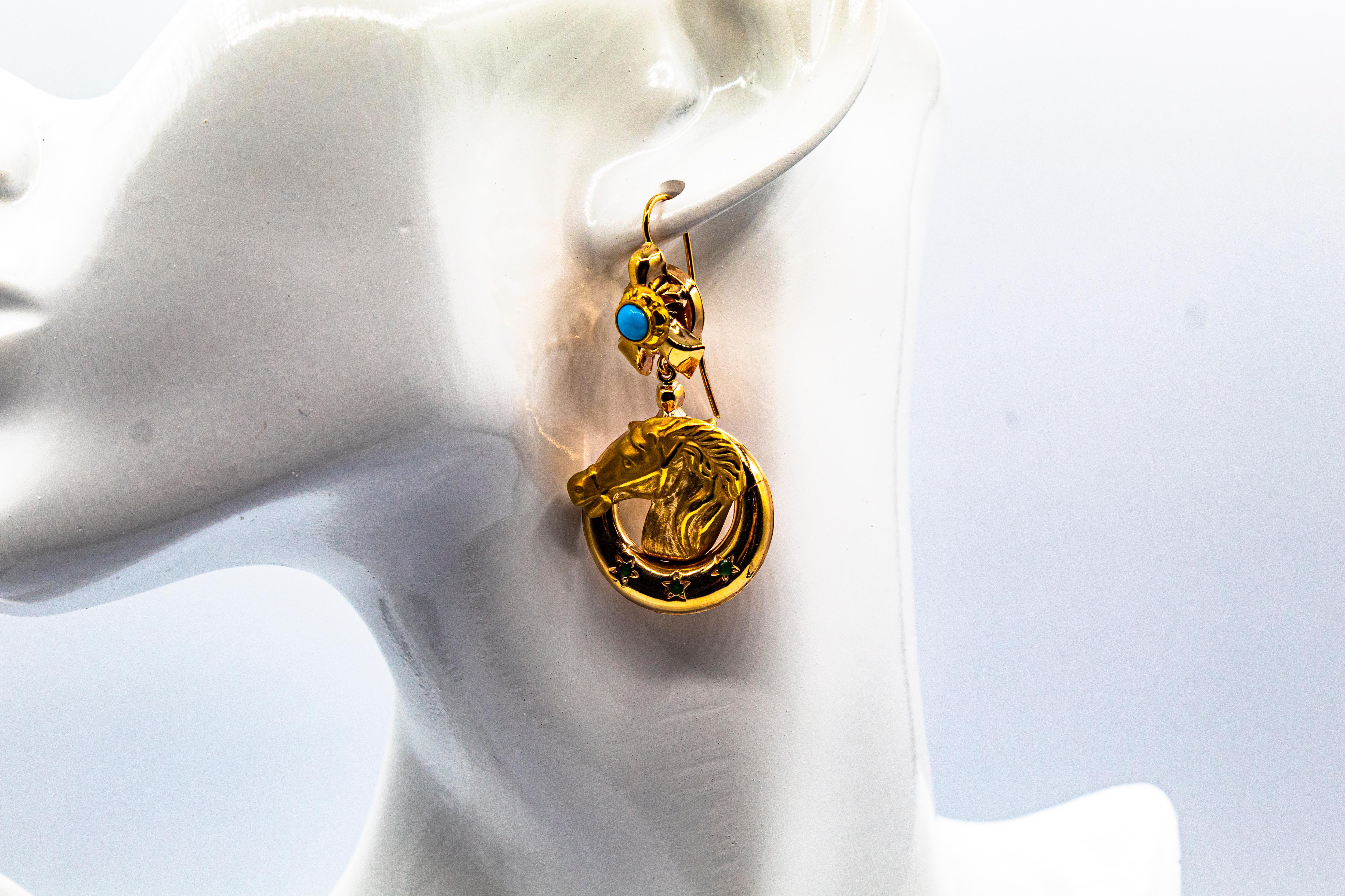 Art Nouveau Style Turquoise Handcrafted Horses Enamel Yellow Gold Drop Earrings For Sale 7
