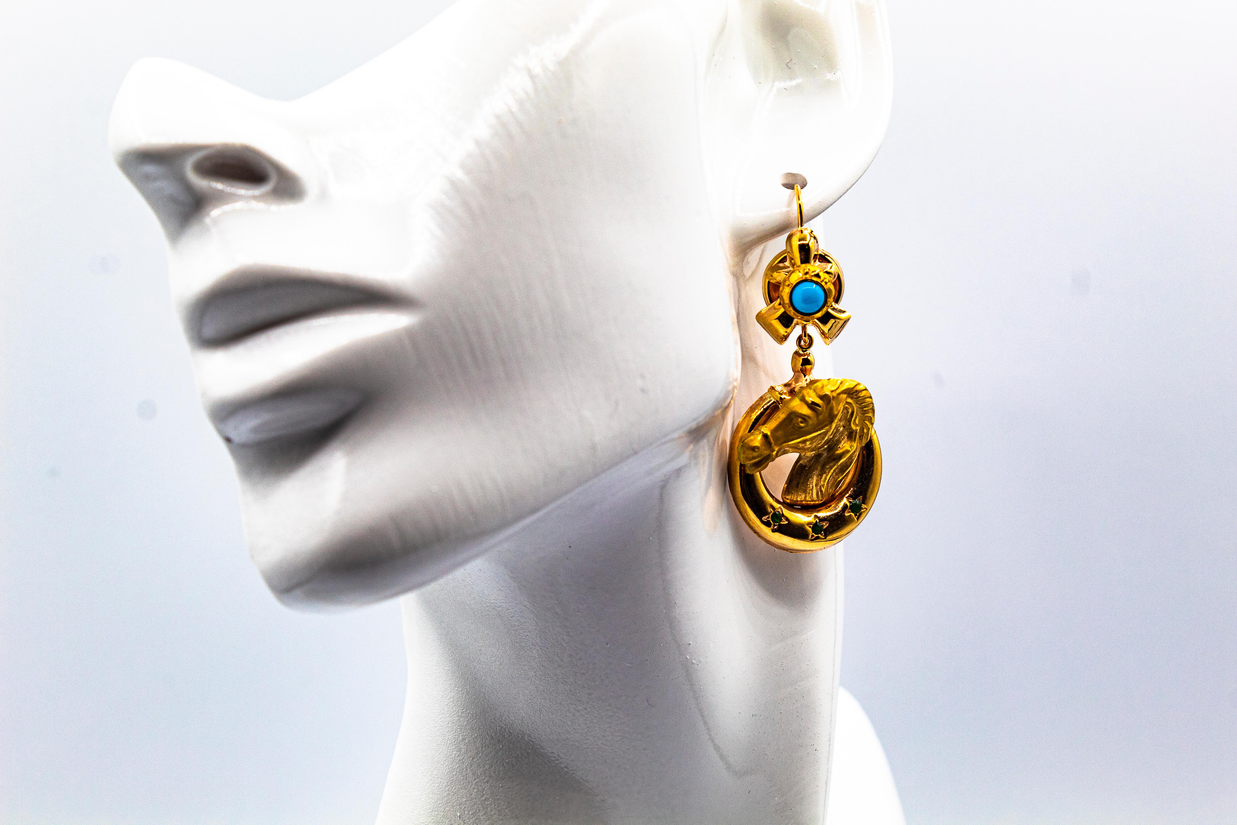Art Nouveau Style Turquoise Handcrafted Horses Enamel Yellow Gold Drop Earrings For Sale 8
