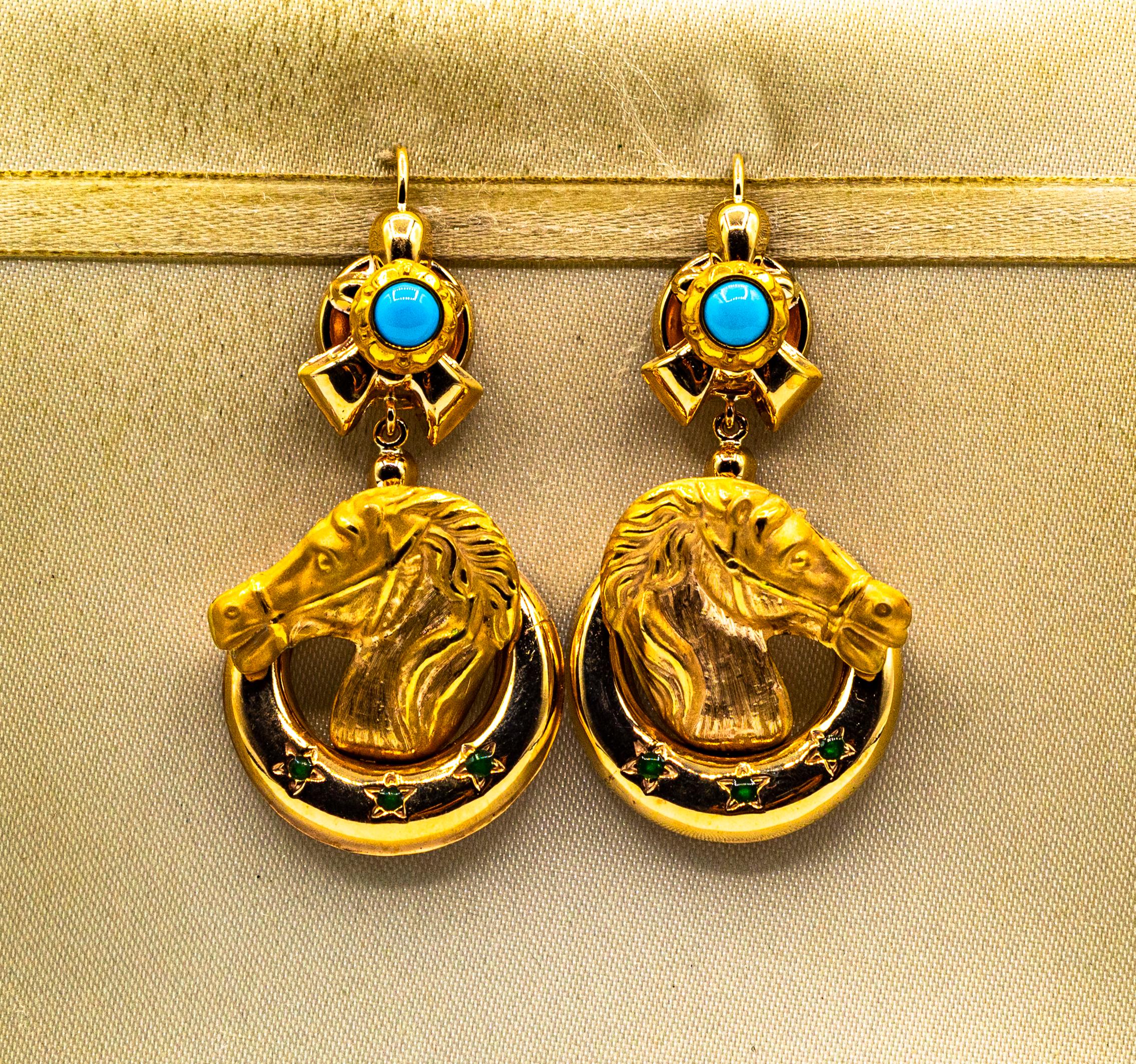Cabochon Art Nouveau Style Turquoise Handcrafted Horses Enamel Yellow Gold Drop Earrings For Sale
