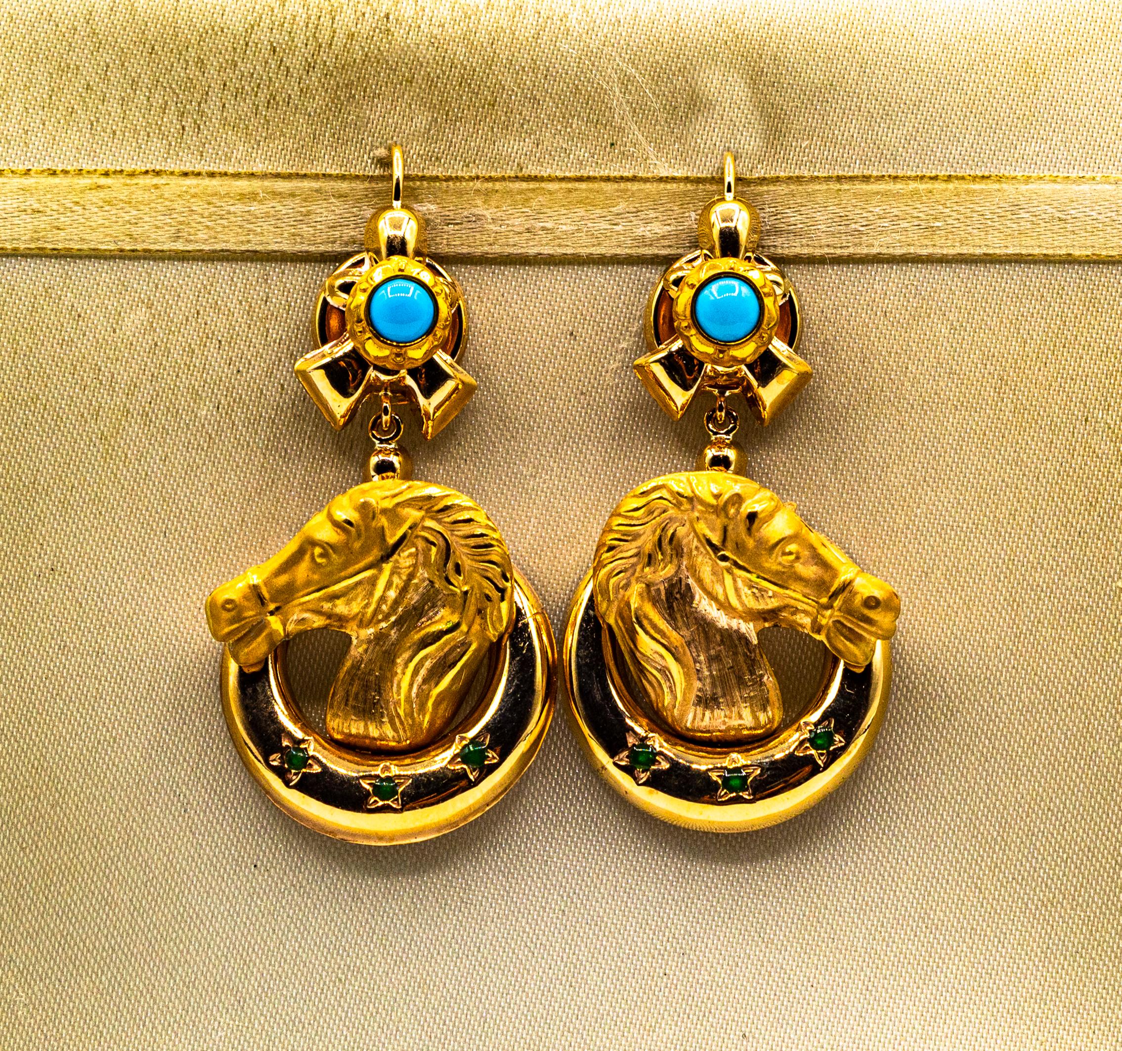 Cabochon Orecchini a goccia in stile Art Nouveau con cavalli in turchese lavorati a mano e smalto in oro giallo in vendita