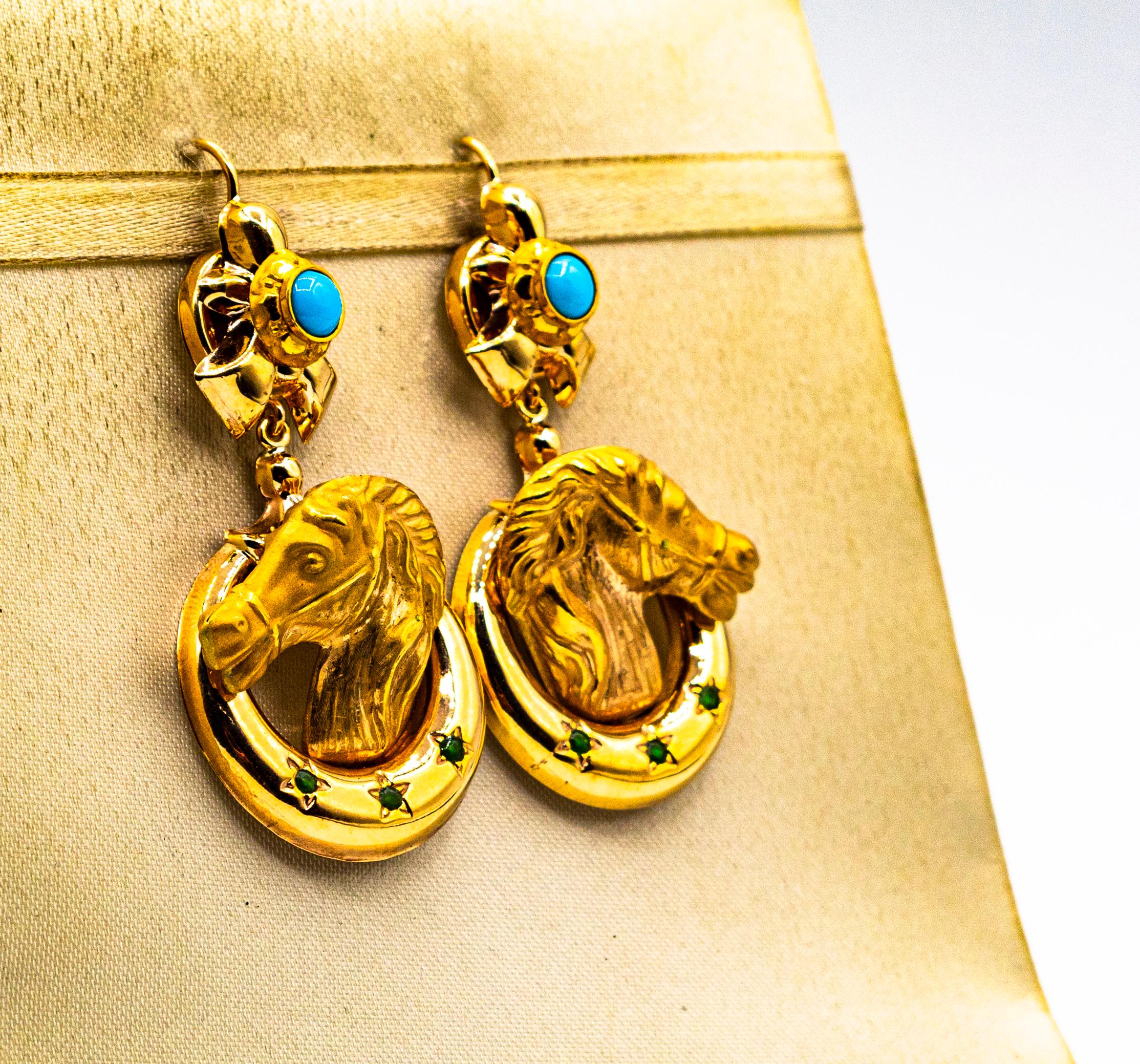 Art Nouveau Style Turquoise Handcrafted Horses Enamel Yellow Gold Drop Earrings In New Condition For Sale In Naples, IT