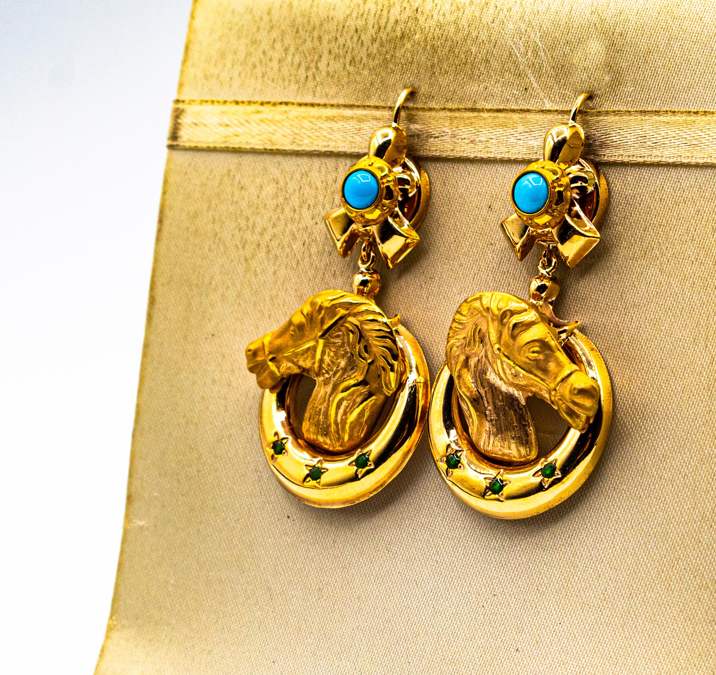 Women's or Men's Art Nouveau Style Turquoise Handcrafted Horses Enamel Yellow Gold Drop Earrings For Sale