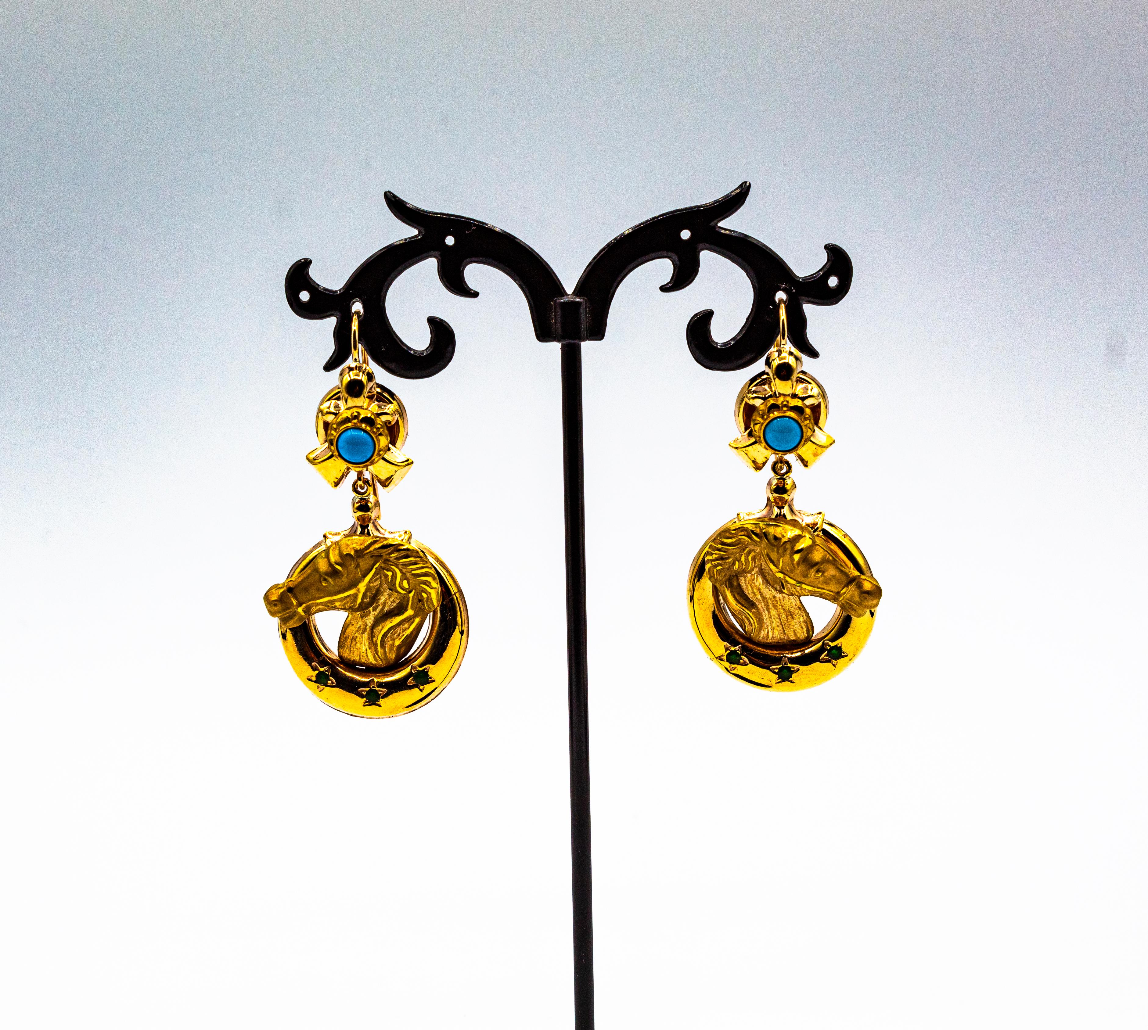 Art Nouveau Style Turquoise Handcrafted Horses Enamel Yellow Gold Drop Earrings For Sale 1