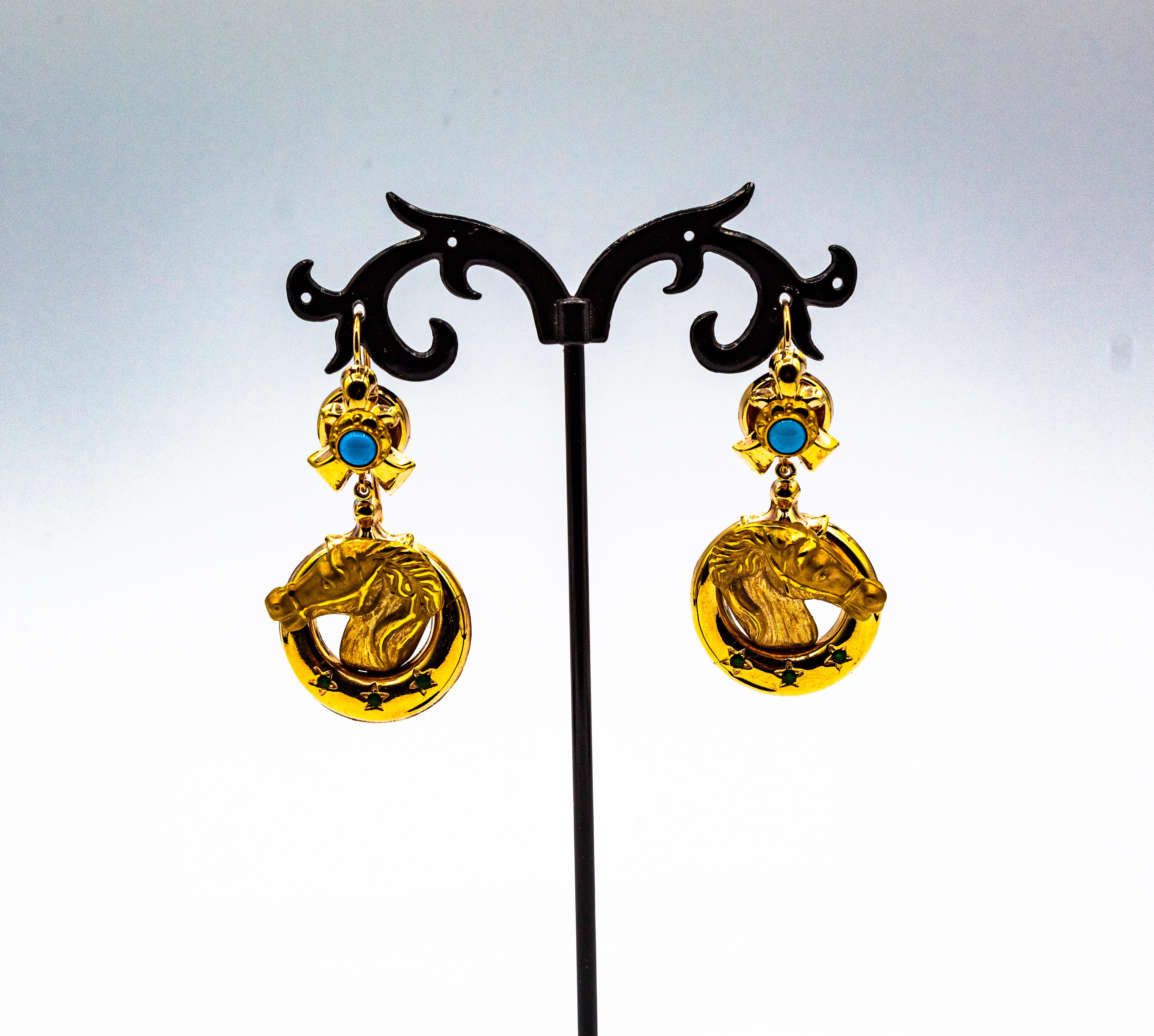 Orecchini a goccia in stile Art Nouveau con cavalli in turchese lavorati a mano e smalto in oro giallo in vendita 1