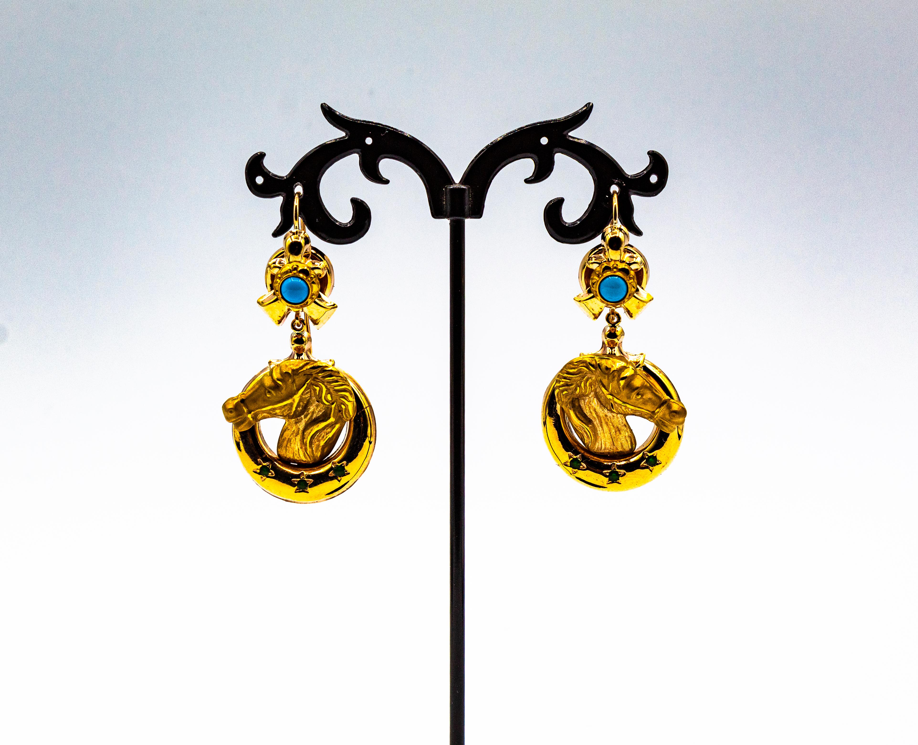 Art Nouveau Style Turquoise Handcrafted Horses Enamel Yellow Gold Drop Earrings For Sale 2