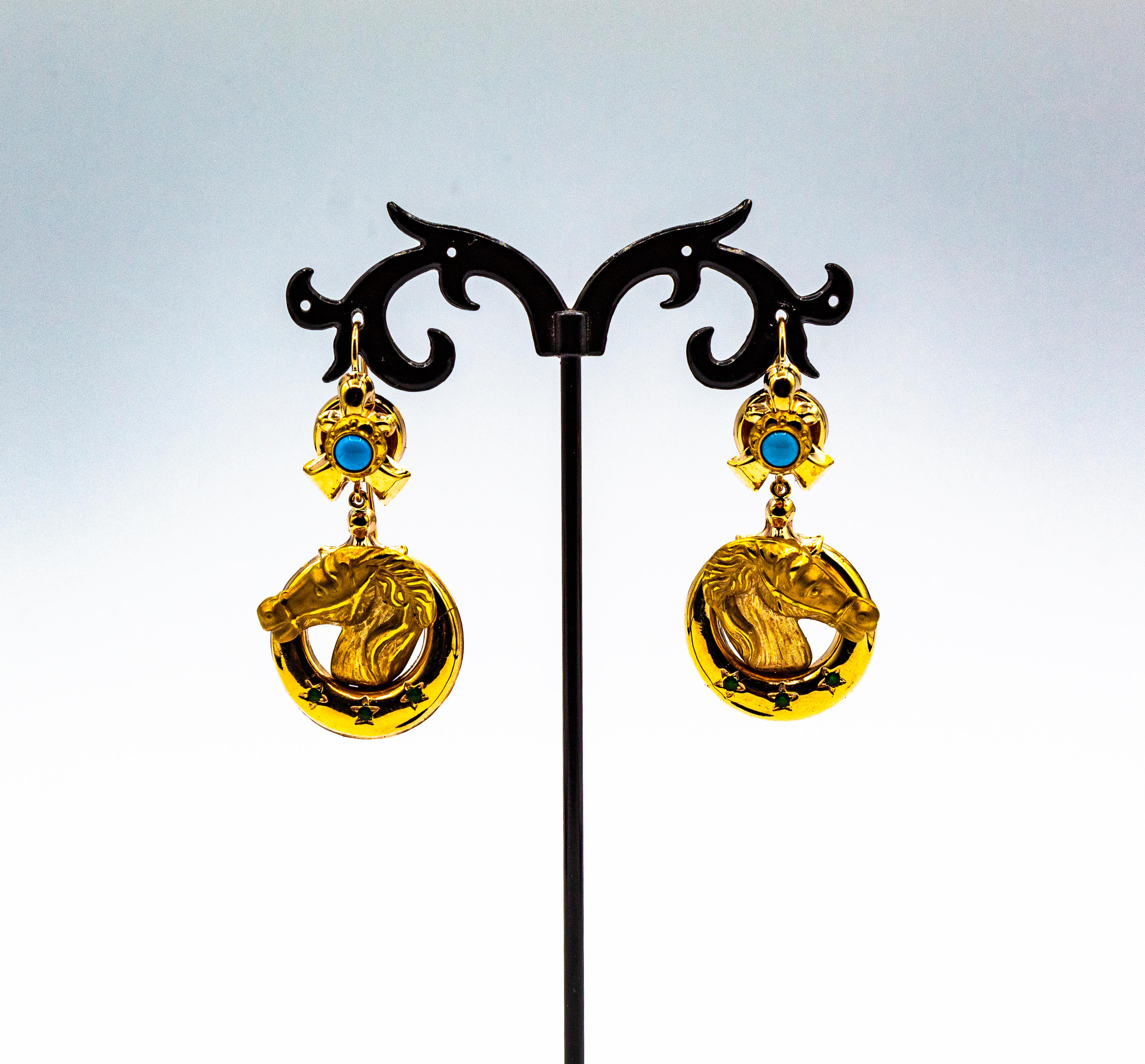 Art Nouveau Style Turquoise Handcrafted Horses Enamel Yellow Gold Drop Earrings For Sale 3
