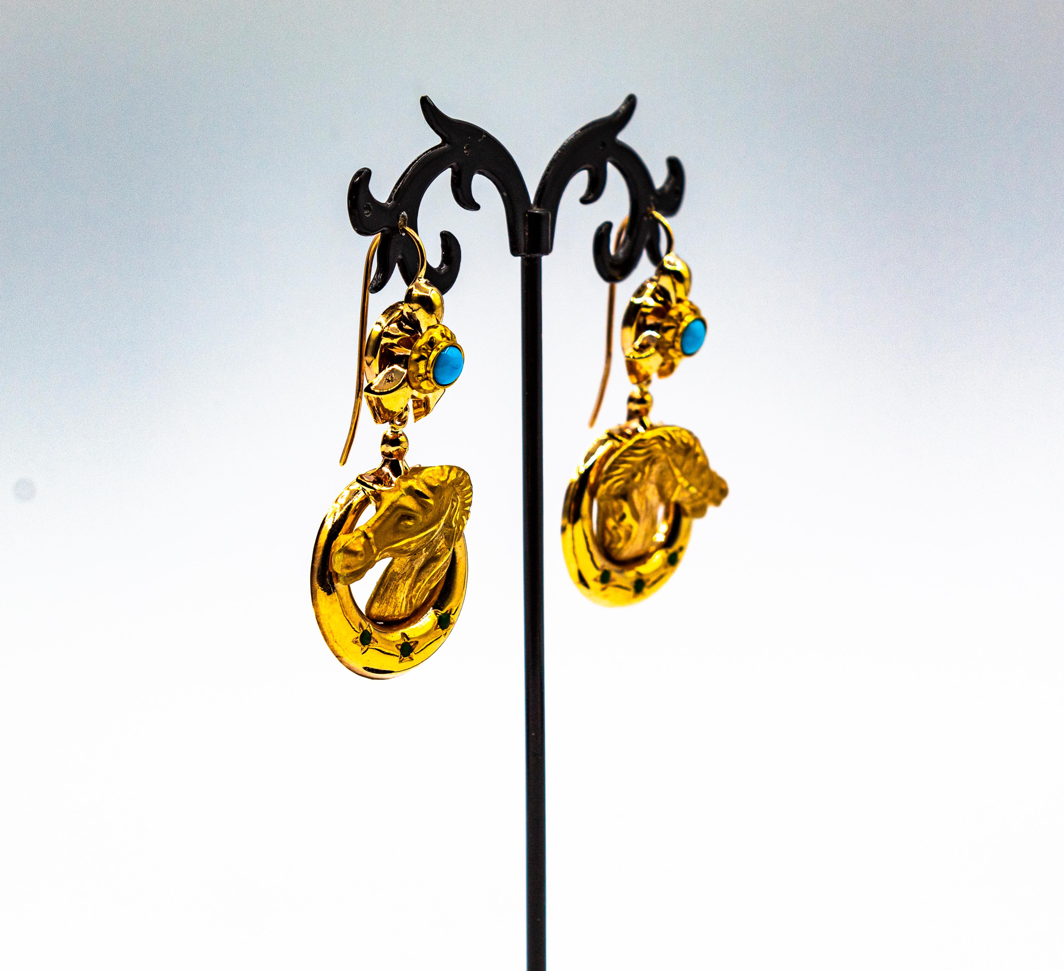 Art Nouveau Style Turquoise Handcrafted Horses Enamel Yellow Gold Drop Earrings For Sale 4