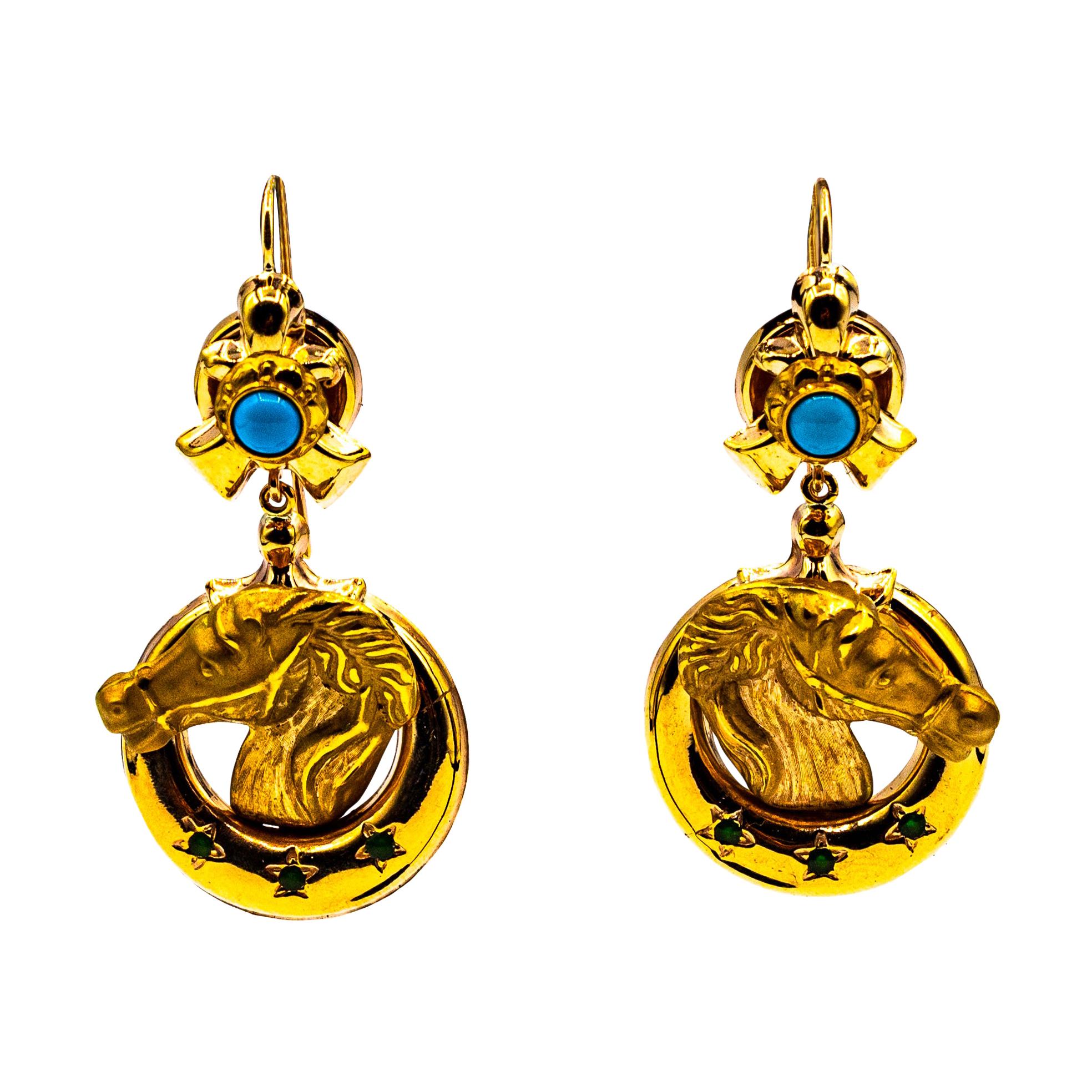 Art Nouveau Style Turquoise Handcrafted Horses Enamel Yellow Gold Drop Earrings For Sale
