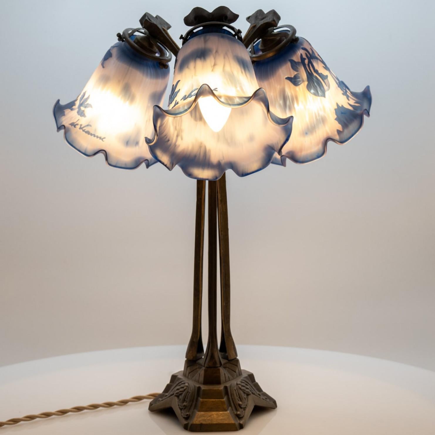 Art Nouveau Style Vianne Table Lamp Blue Glass, France For Sale 4