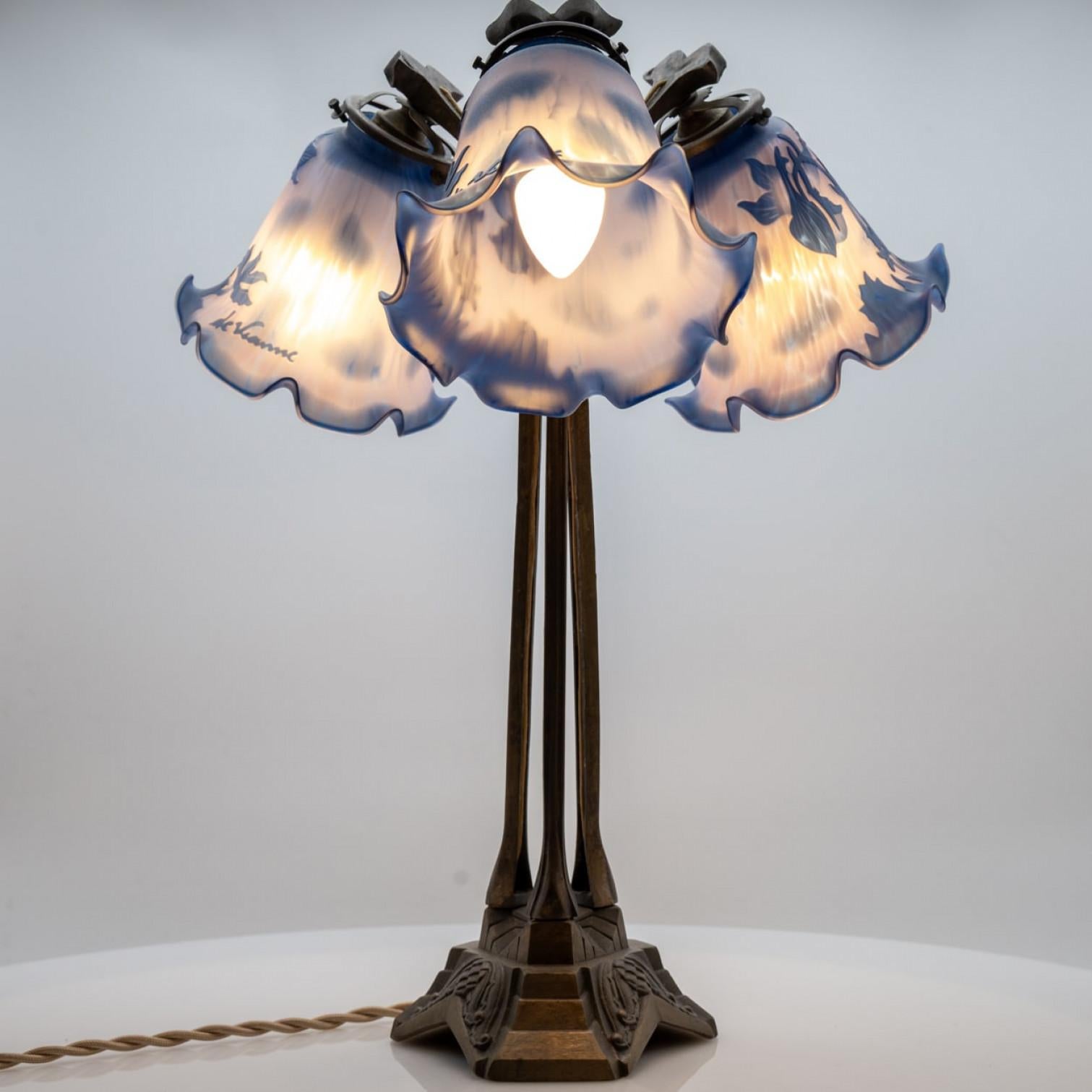 Art Nouveau Style Vianne Table Lamp Blue Glass, France For Sale 6