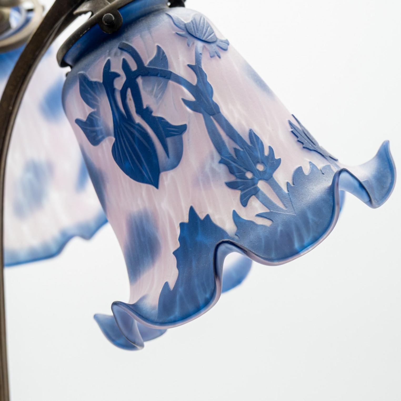 French Art Nouveau Style Vianne Table Lamp Blue Glass, France For Sale