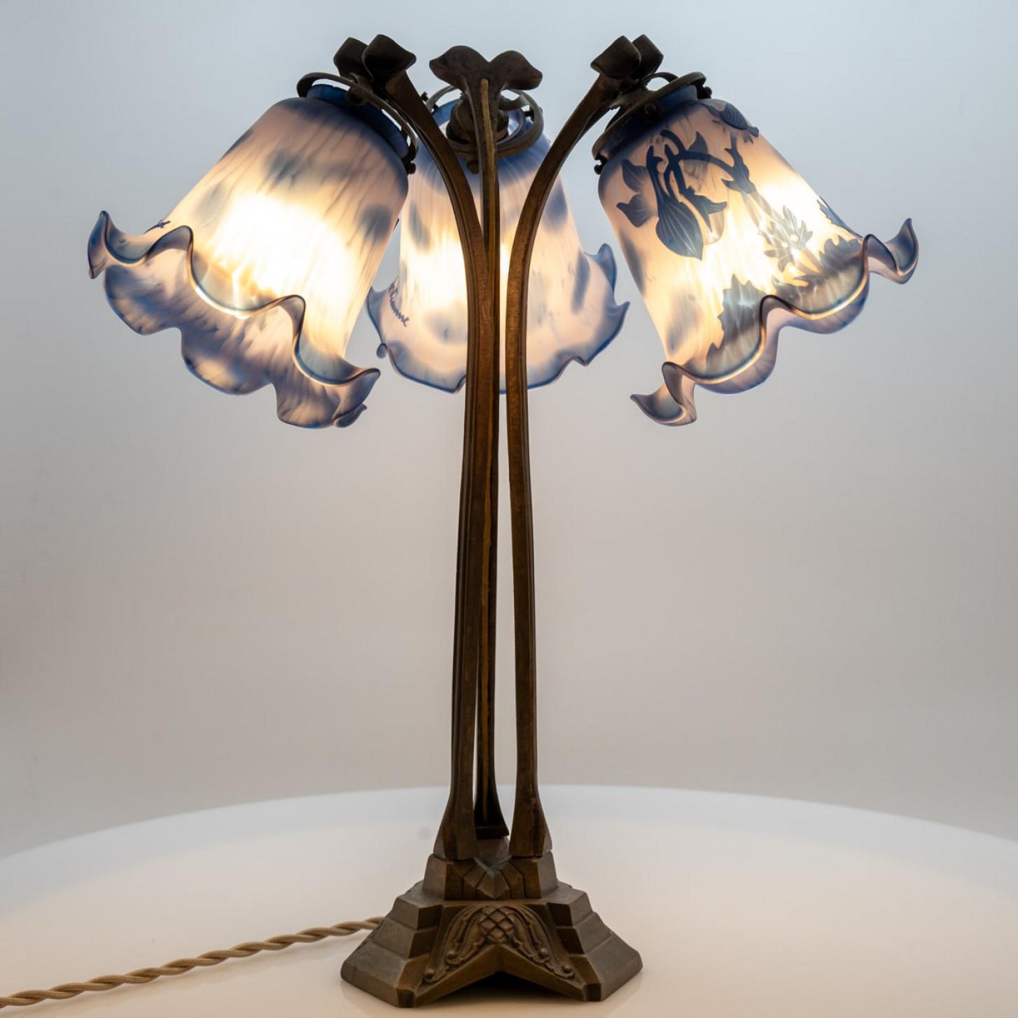 Late 20th Century Art Nouveau Style Vianne Table Lamp Blue Glass, France For Sale