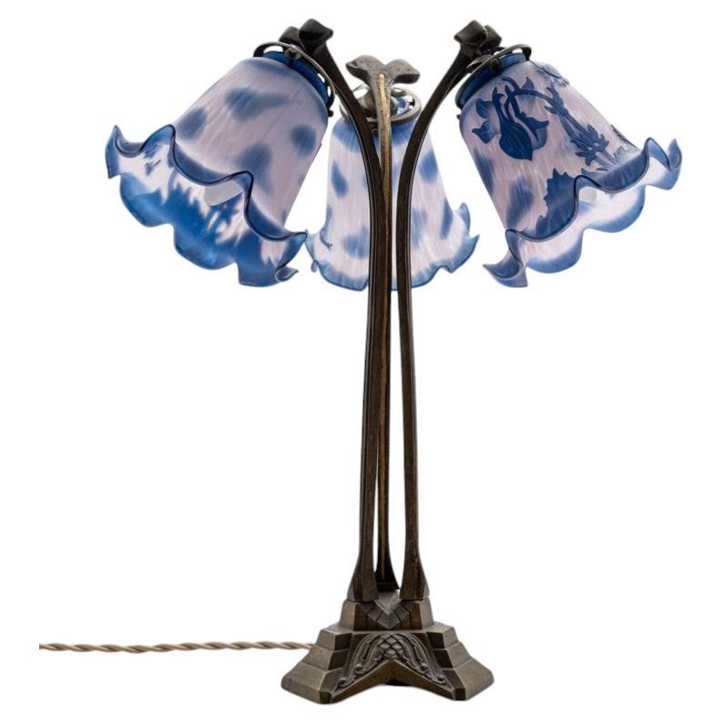Art Nouveau Stil Vianne Tischlampe Blaues Glas, Frankreich