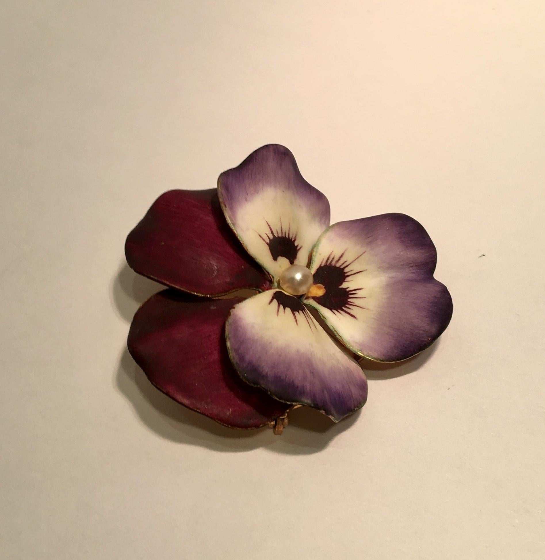 Art Nouveau Style Vintage Enamel Pansy Flower Pin 14 Karat Gold and Pearl 4