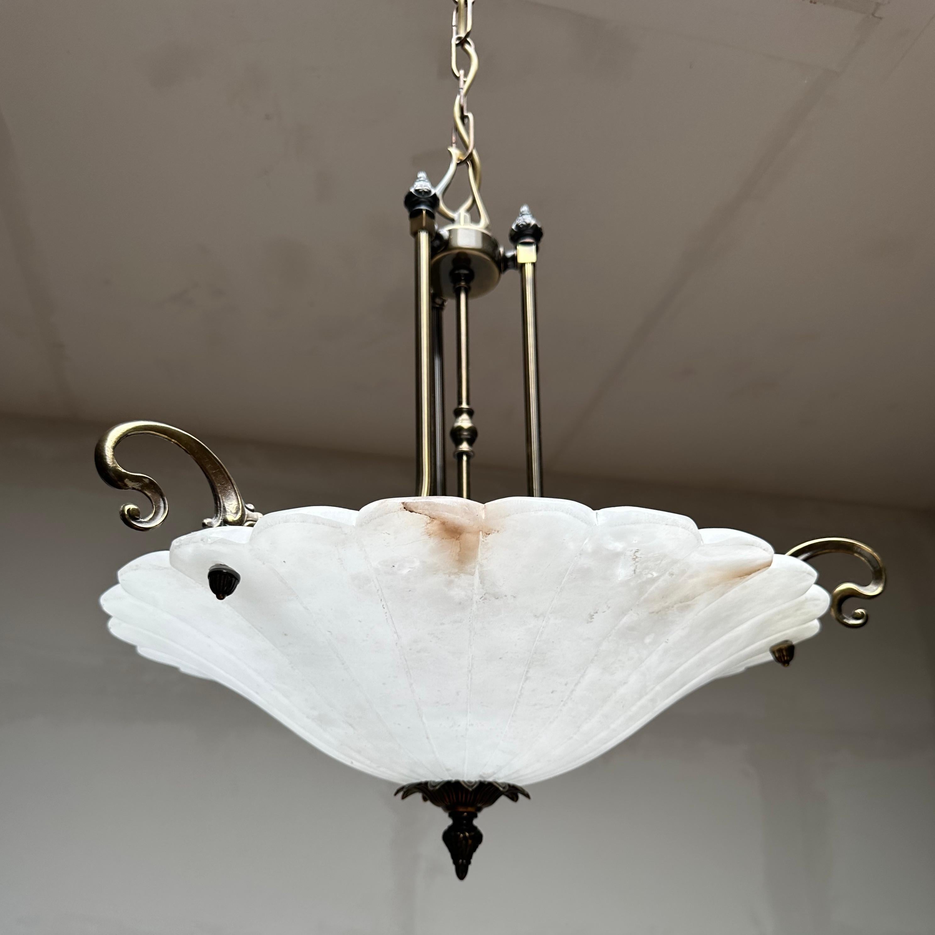 Art Nouveau Style White Alabaster & Bronze Three-Light Chandelier Pendant Light For Sale 7