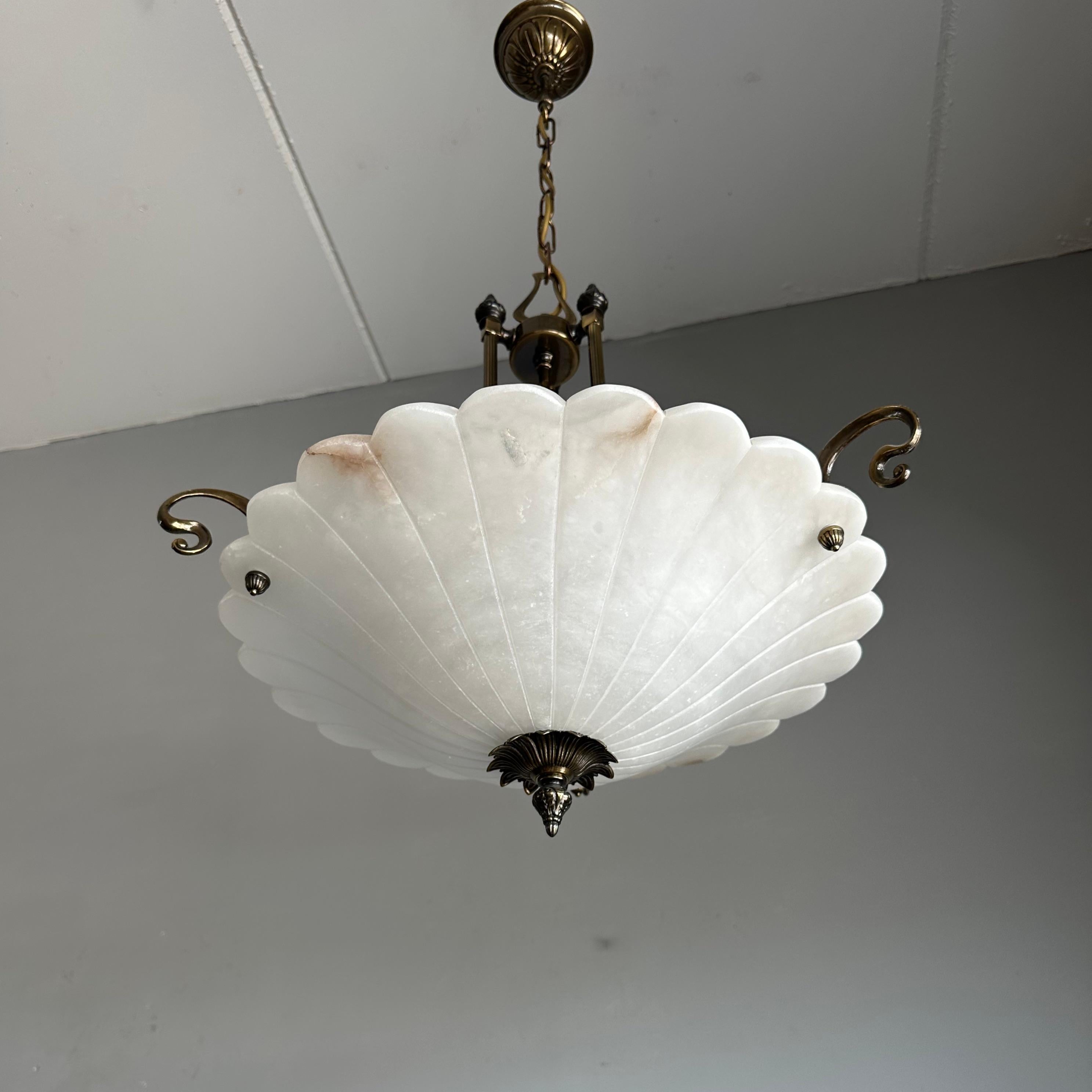 Art Nouveau Style White Alabaster & Bronze Three-Light Chandelier Pendant Light For Sale 10