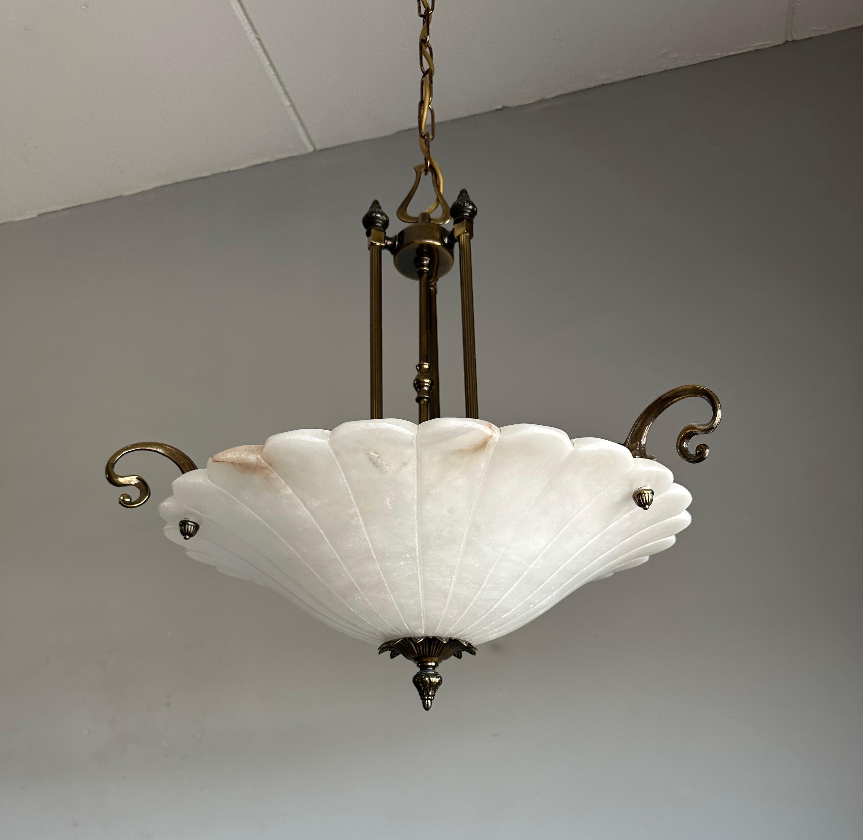 Art Nouveau Style White Alabaster & Bronze Three-Light Chandelier Pendant Light For Sale 12