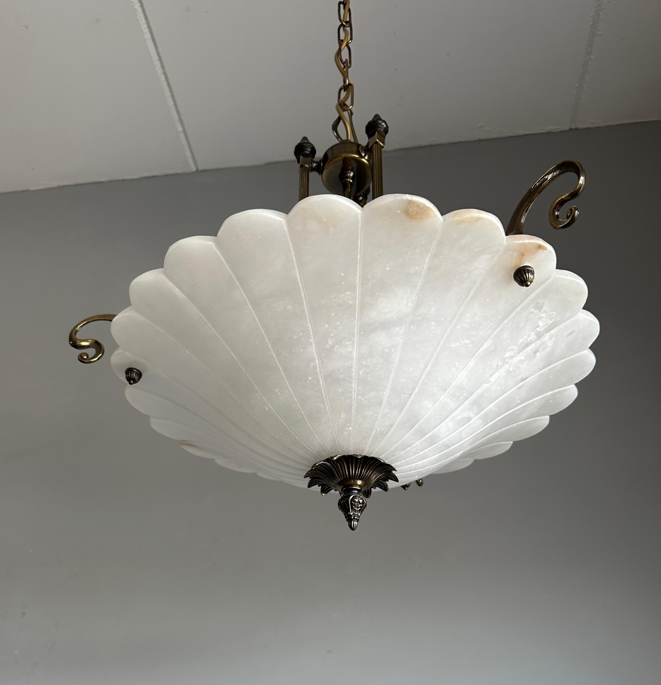 European Art Nouveau Style White Alabaster & Bronze Three-Light Chandelier Pendant Light For Sale