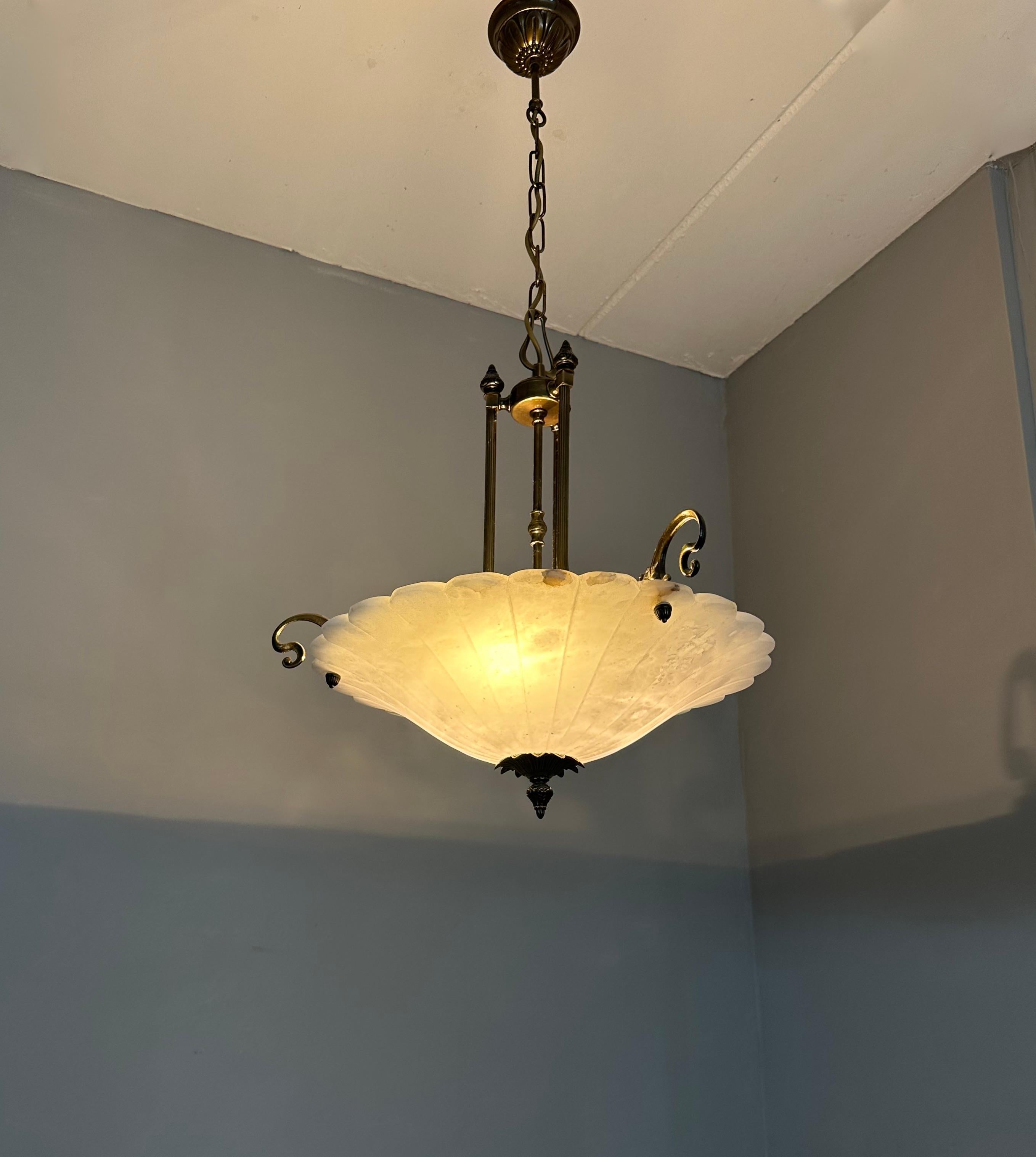 Art Nouveau Style White Alabaster & Bronze Three-Light Chandelier Pendant Light In Excellent Condition For Sale In Lisse, NL