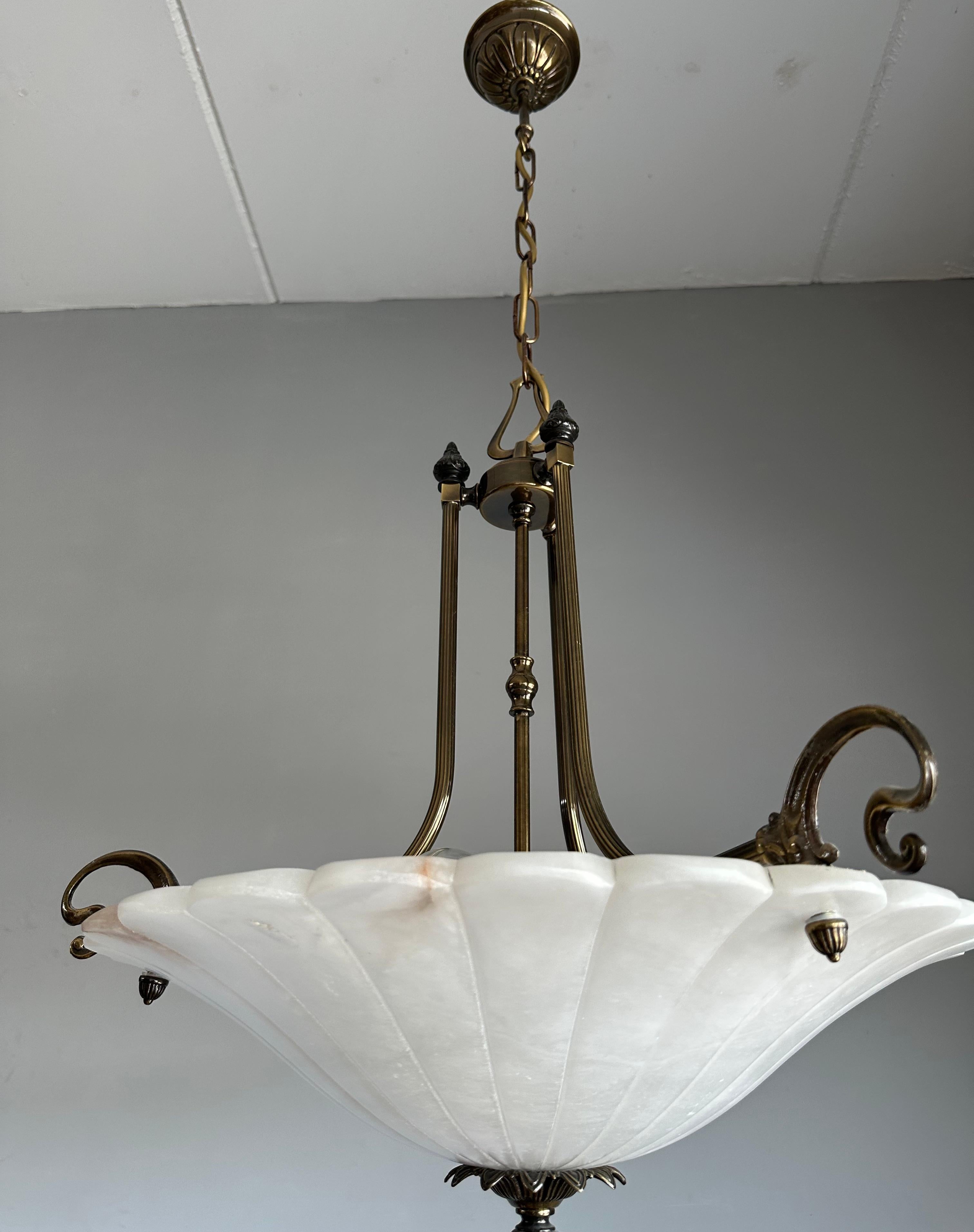 Art Nouveau Style White Alabaster & Bronze Three-Light Chandelier Pendant Light For Sale 1