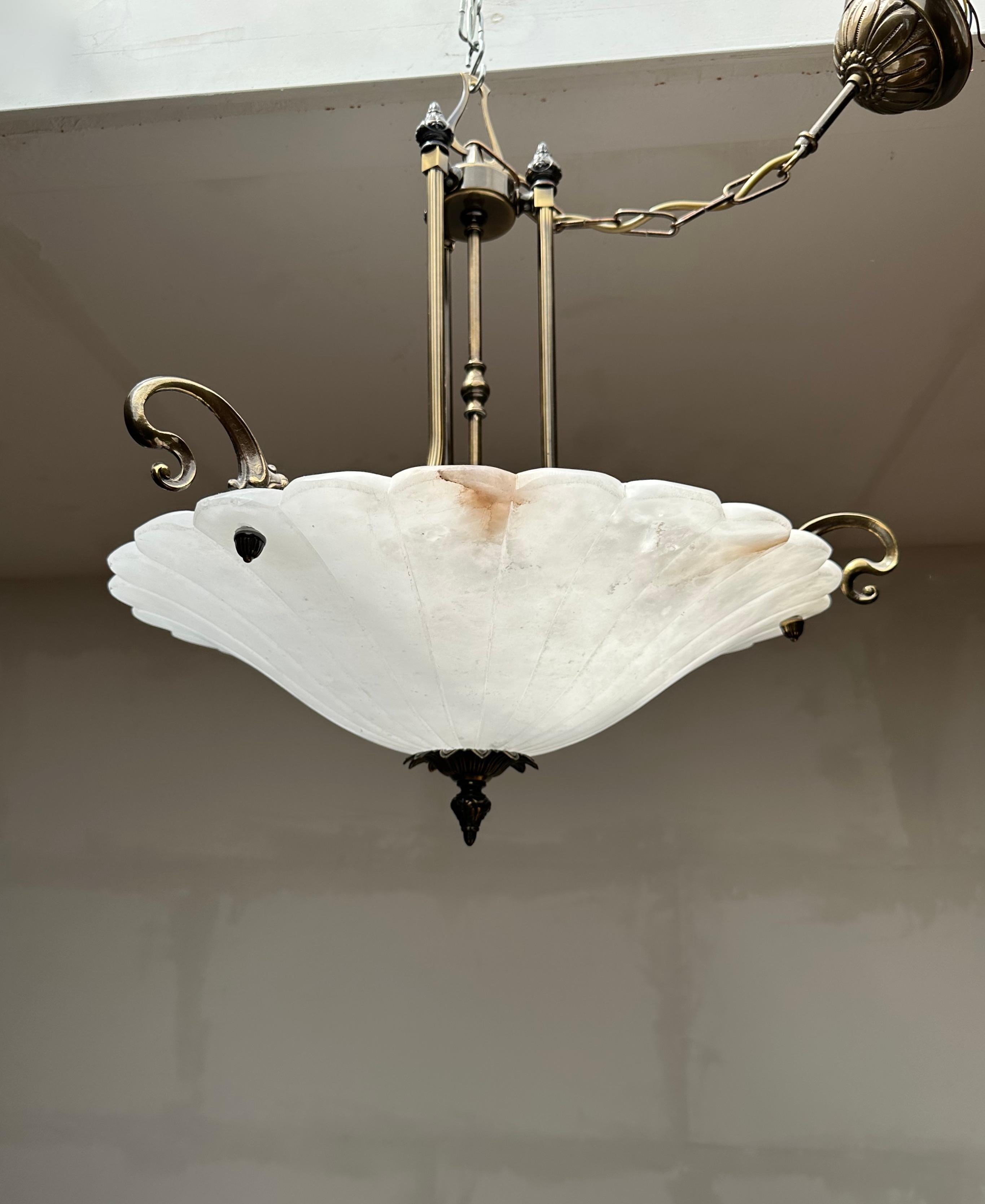 Art Nouveau Style White Alabaster & Bronze Three-Light Chandelier Pendant Light For Sale 2