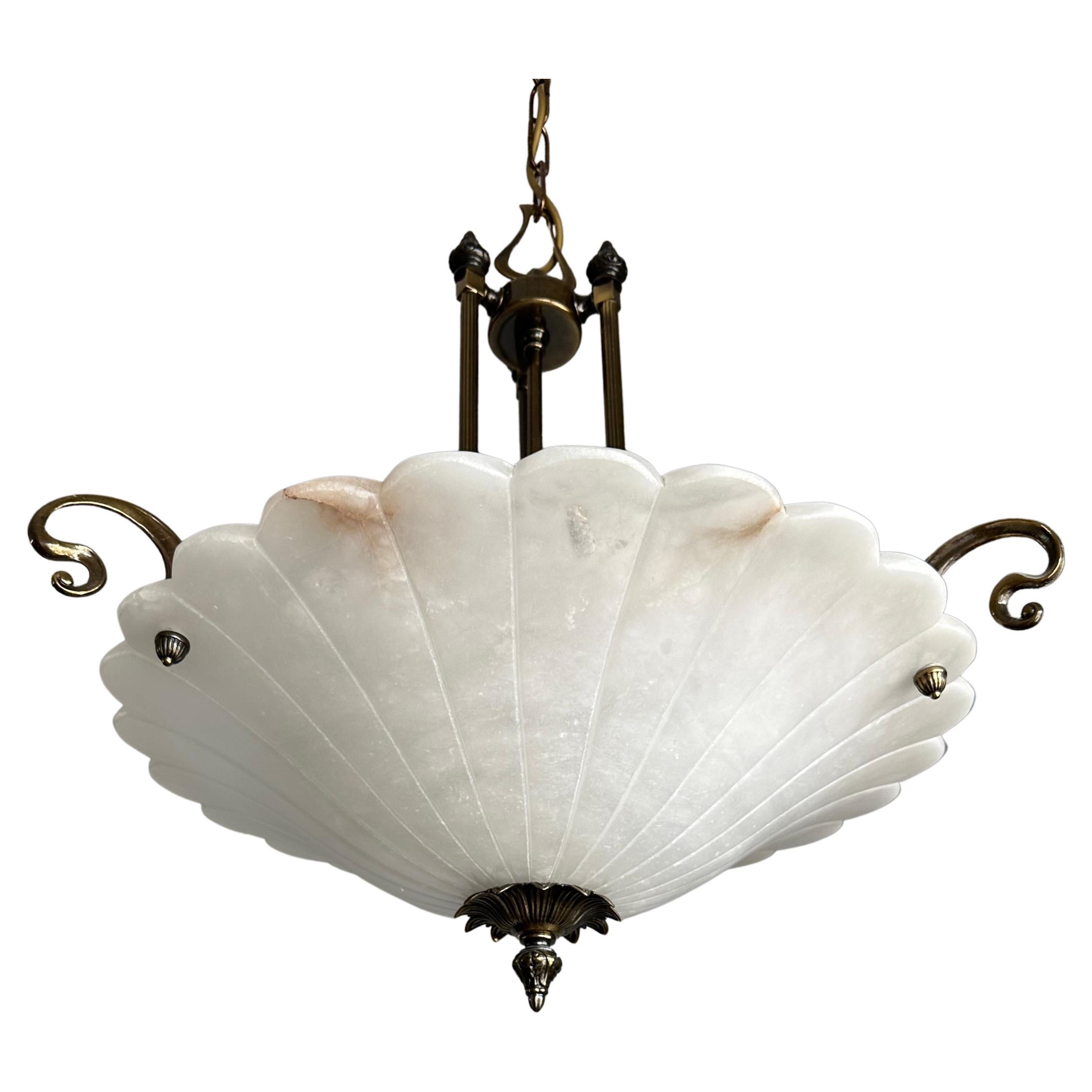 Art Nouveau Style White Alabaster & Bronze Three-Light Chandelier Pendant Light