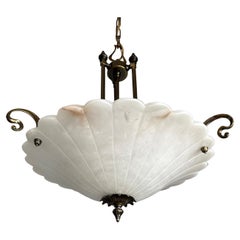 Retro Art Nouveau Style White Alabaster & Bronze Three-Light Chandelier Pendant Light