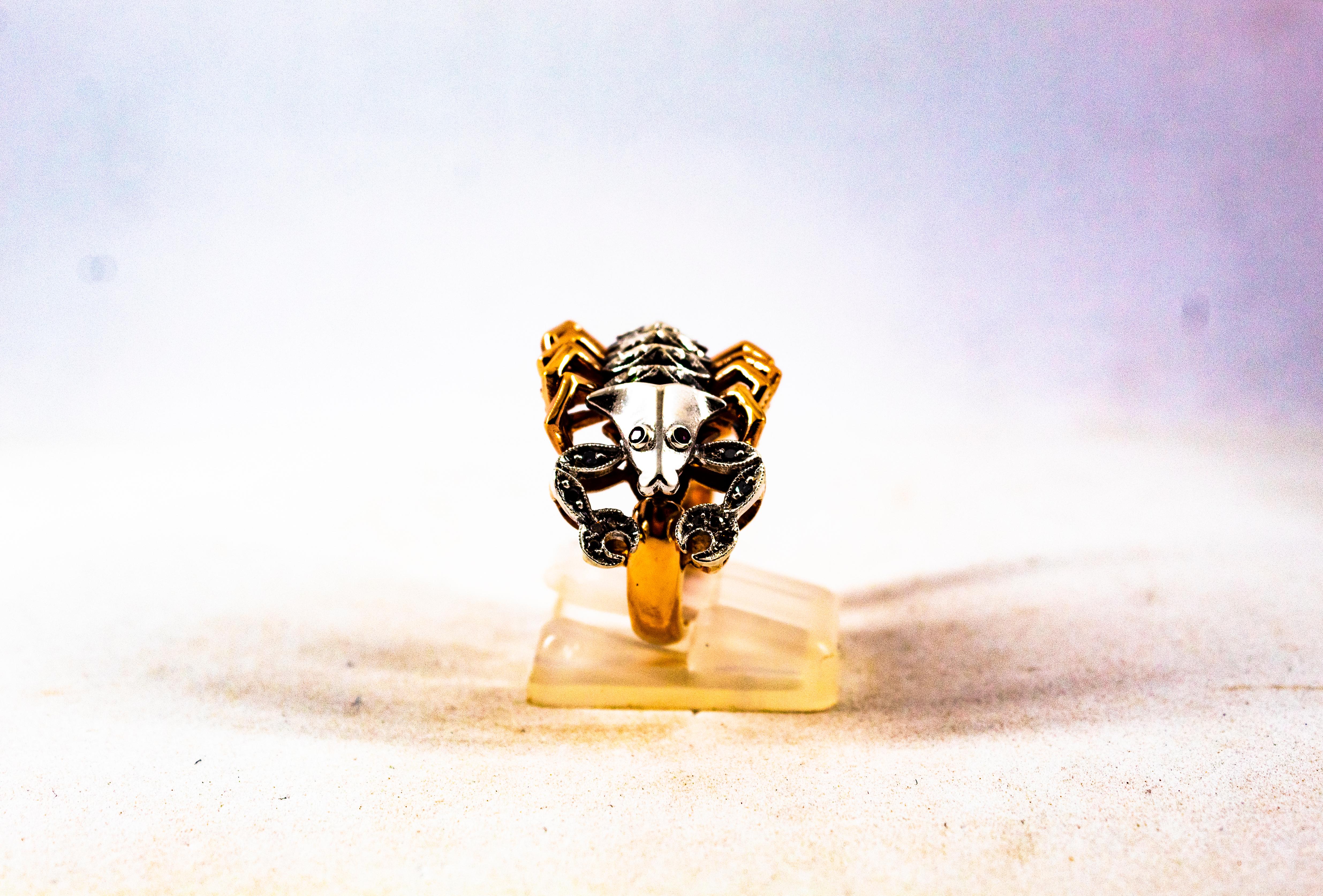 This Ring is made of 9K Yellow Gold and Sterling Silver.
This Ring has 0.20 Carats of White Diamonds.
This Ring has 0.11 Carats of Black Diamonds.
This Ring has 0.10 Carats of Tsavorite.
This Ring has 0.05 Carats of Rubies.
This Ring is inspired by