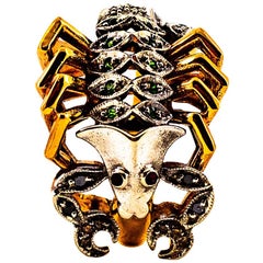 Art Nouveau Style White Black Diamond Tsavorite Ruby Yellow Gold "Scorpion" Ring