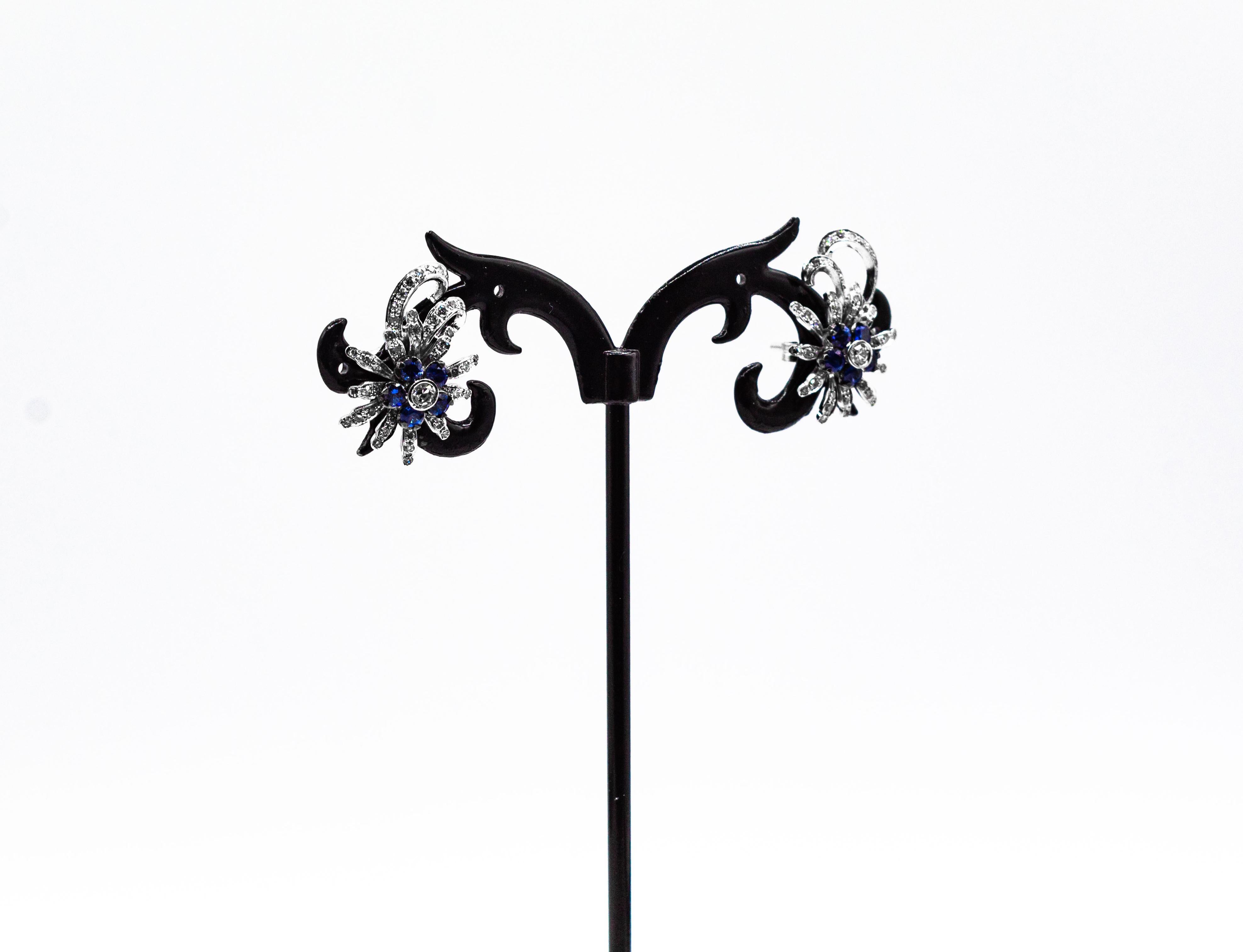 Jugendstil Weißer Brillantschliff Diamant Blauer Saphir Weißgold Ohrringe im Angebot 7