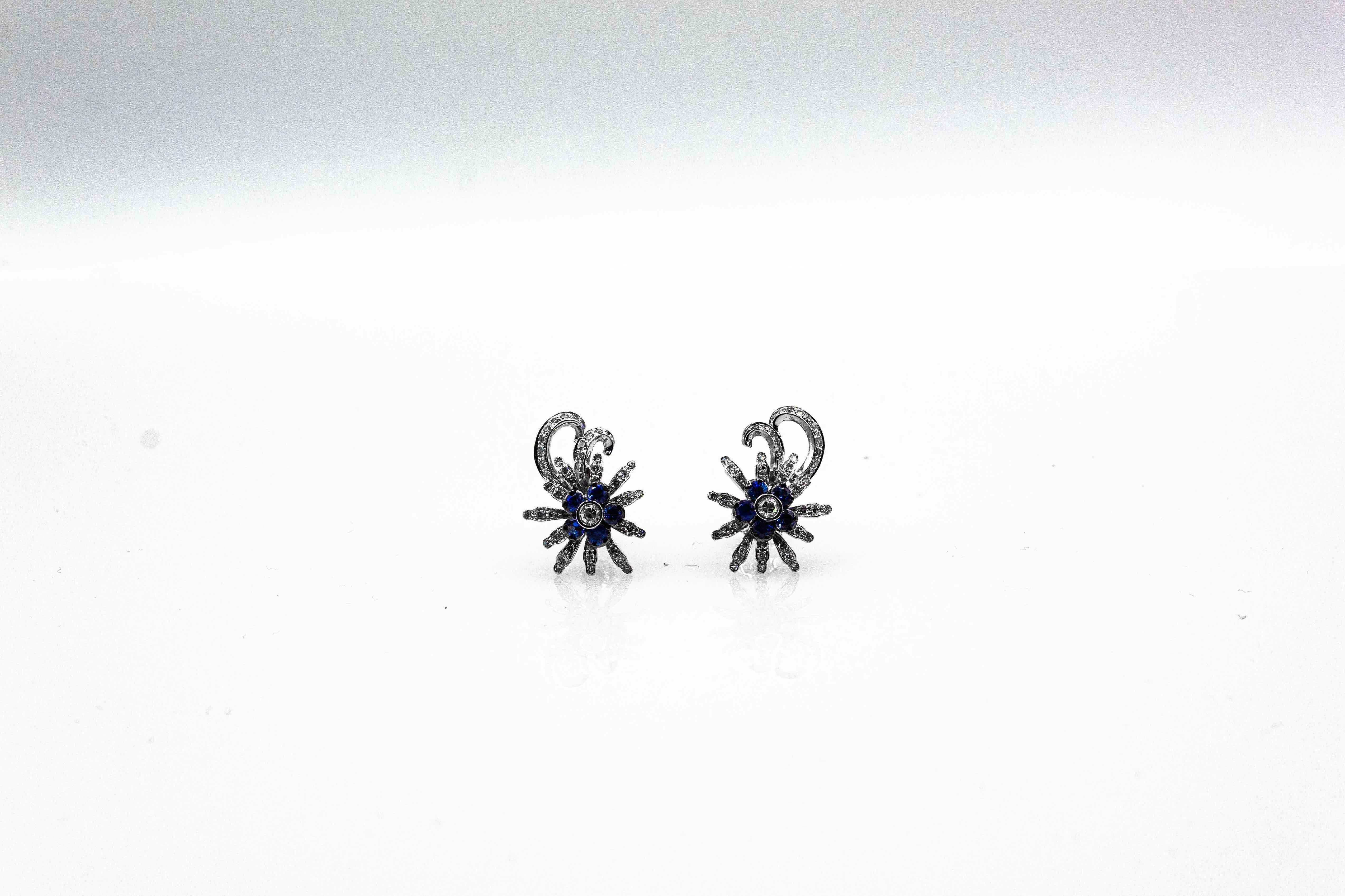 Jugendstil Weißer Brillantschliff Diamant Blauer Saphir Weißgold Ohrringe im Angebot 8