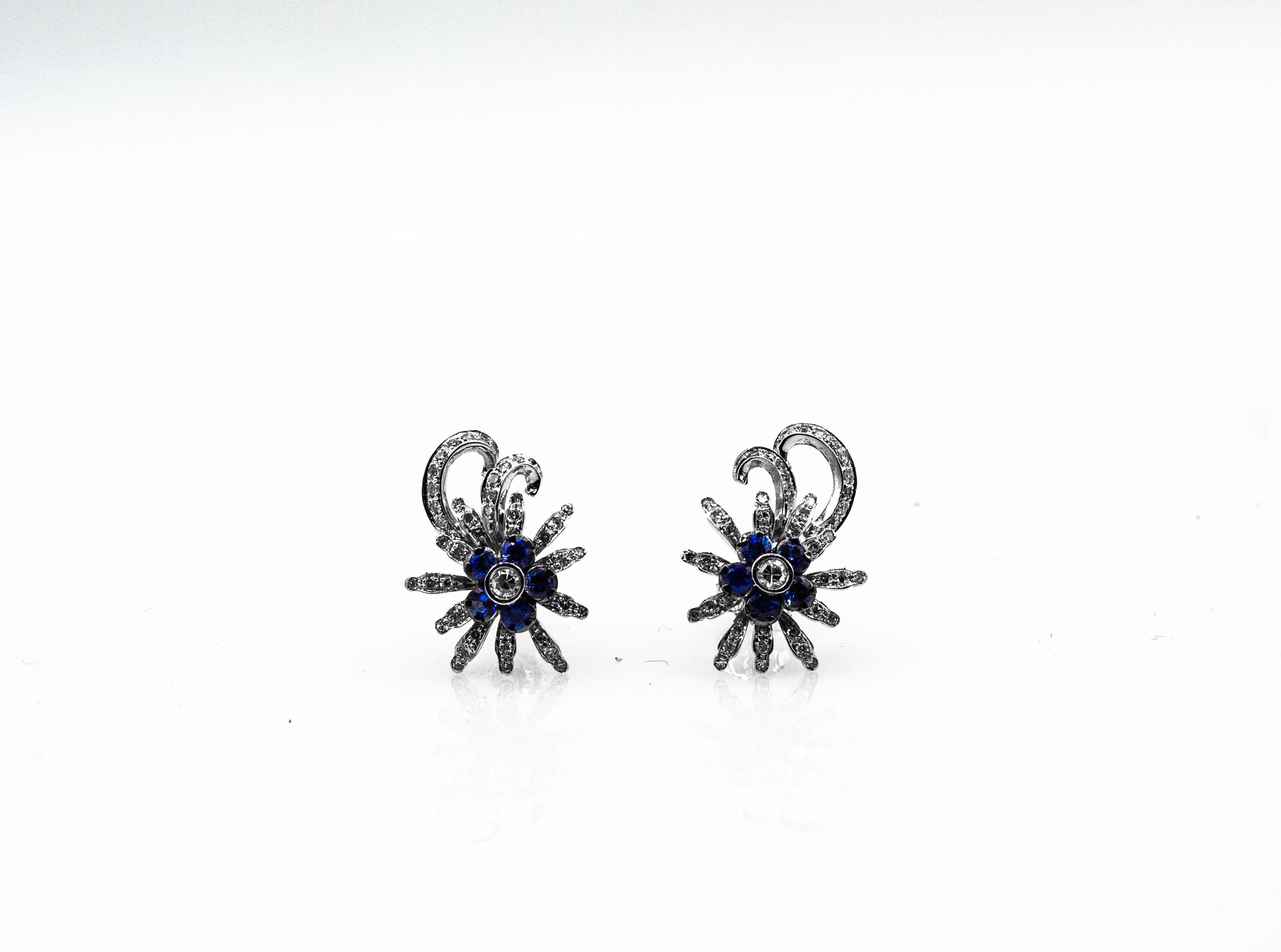 Art Nouveau Style White Brilliant Cut Diamond Blue Sapphire White Gold Earrings For Sale 7