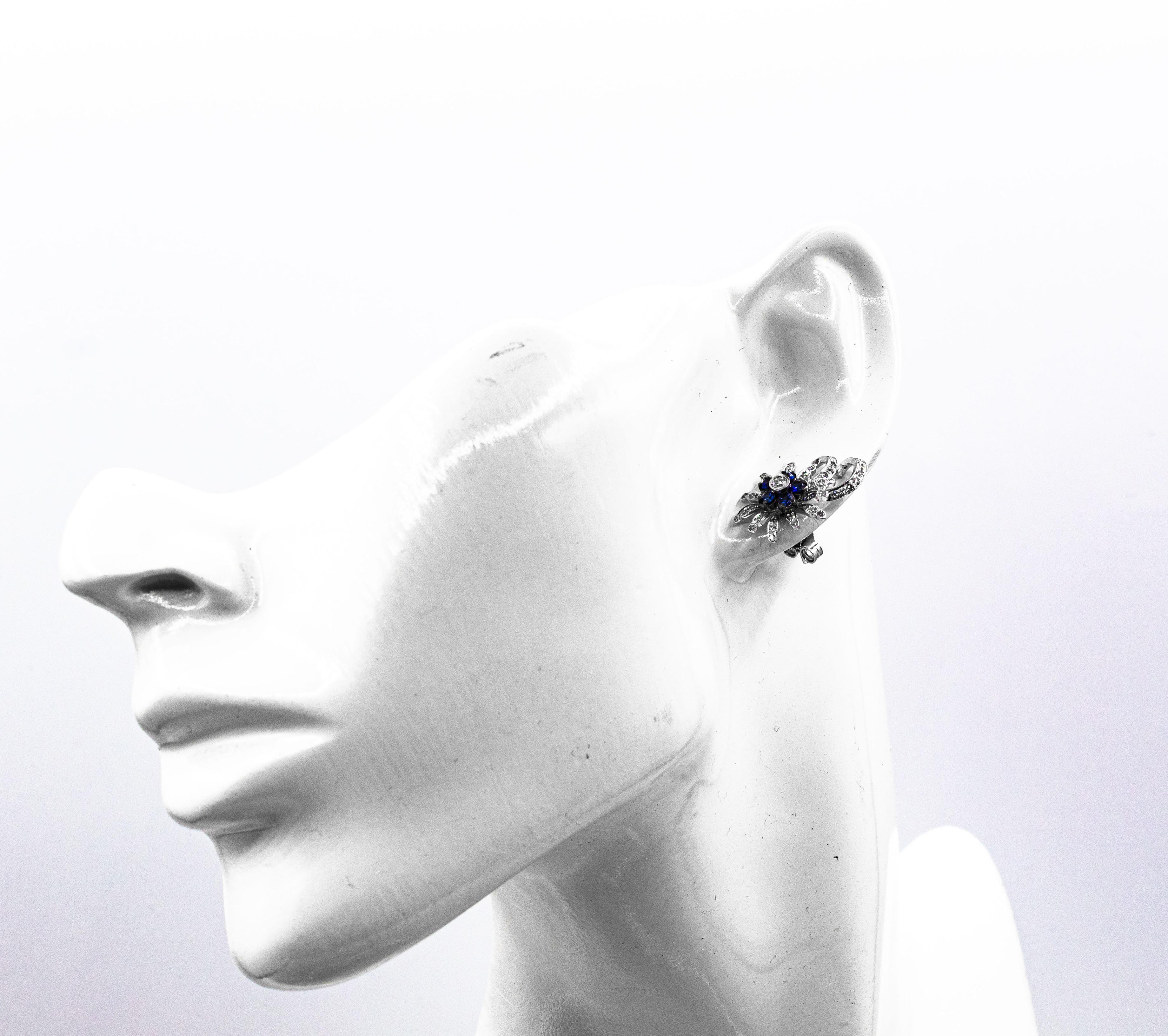 Art Nouveau Style White Brilliant Cut Diamond Blue Sapphire White Gold Earrings For Sale 11