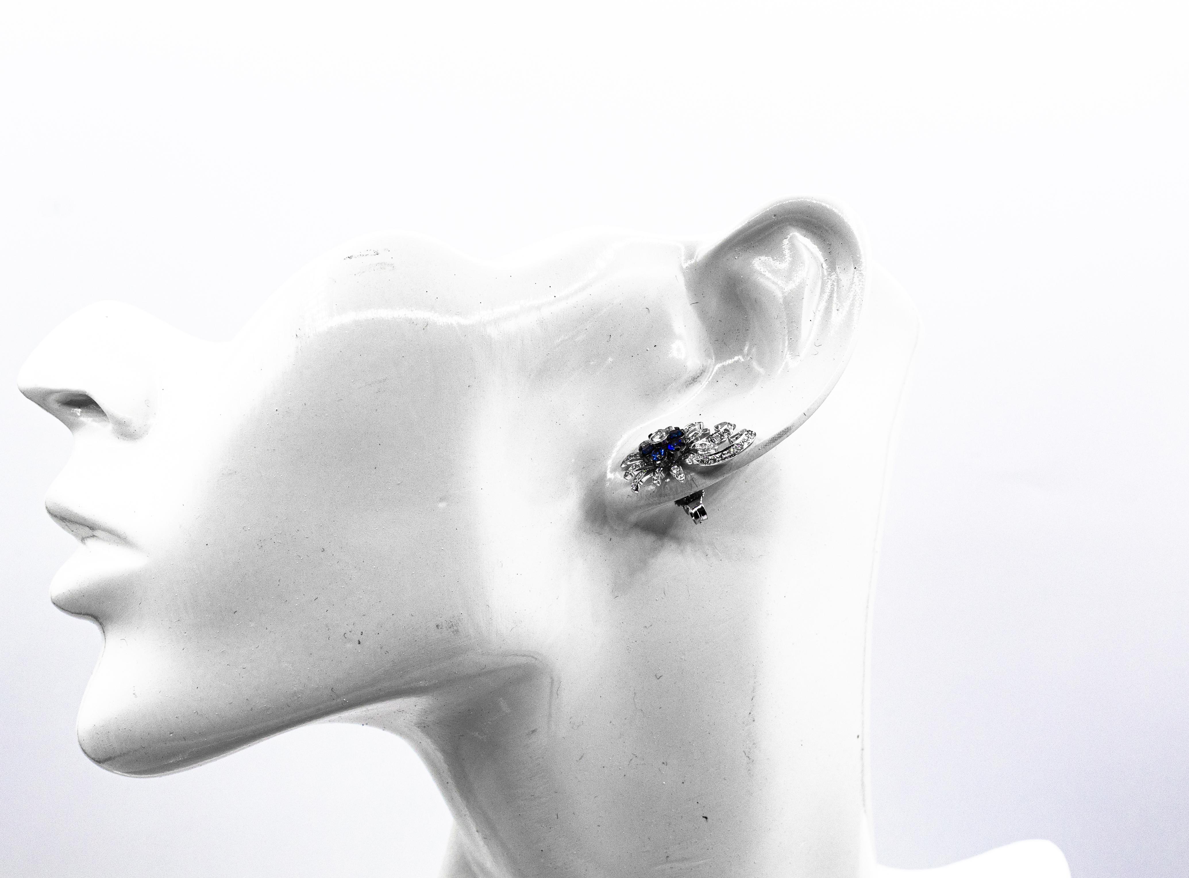 Jugendstil Weißer Brillantschliff Diamant Blauer Saphir Weißgold Ohrringe im Angebot 14