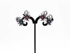 Art Nouveau Style White Brilliant Cut Diamond Blue Sapphire White Gold Earrings