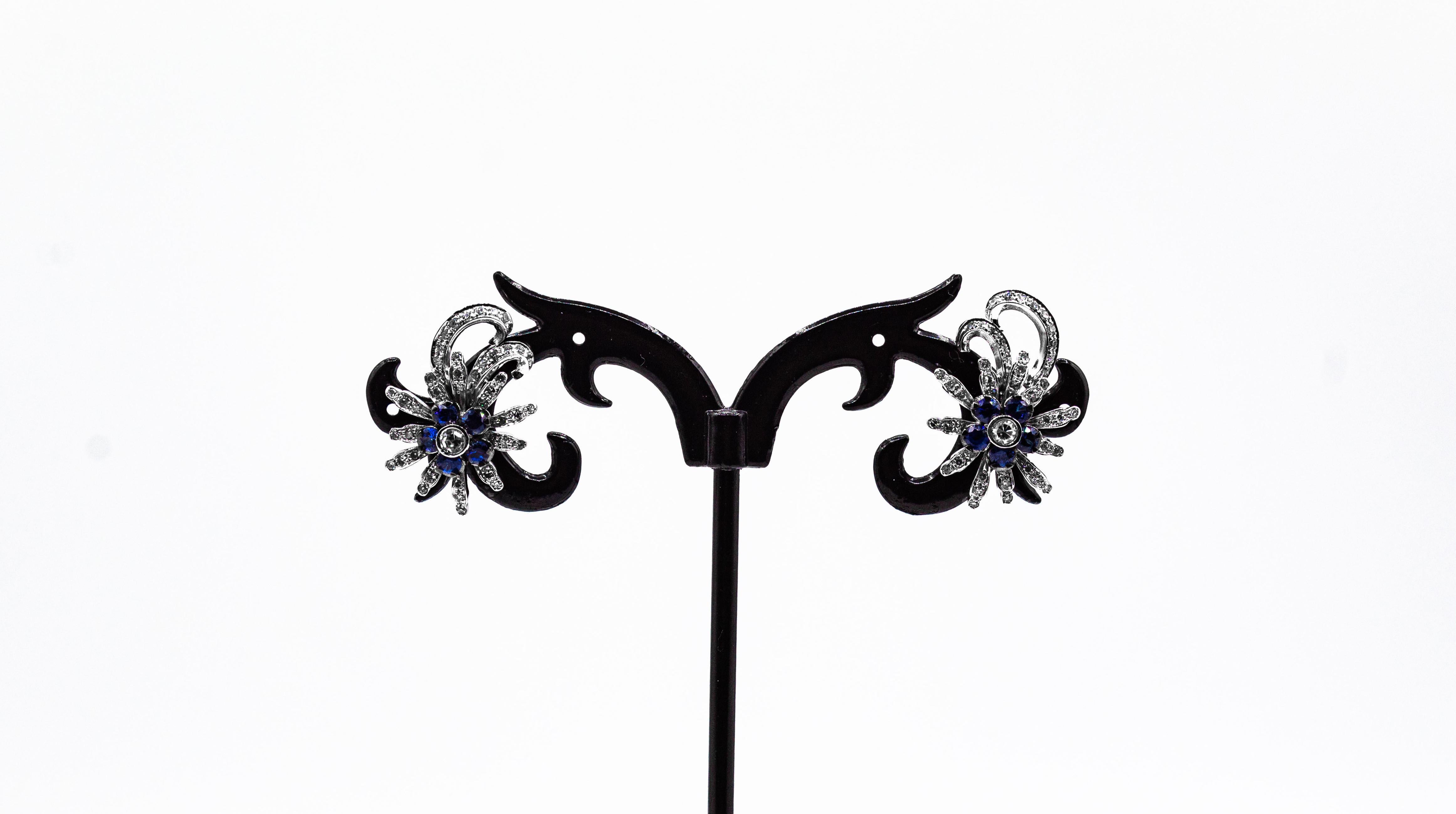 Women's or Men's Art Nouveau Style White Brilliant Cut Diamond Blue Sapphire White Gold Earrings For Sale