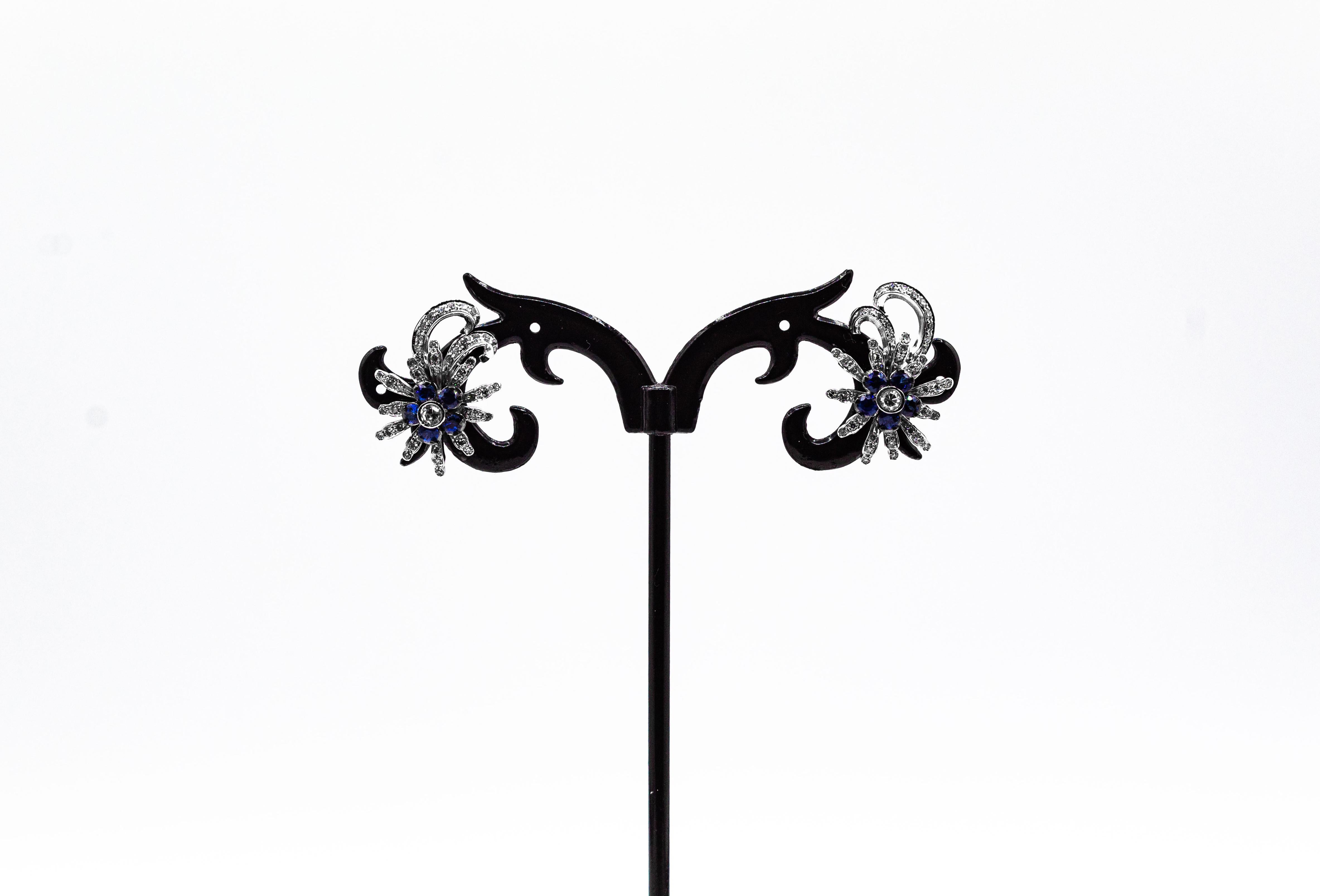 Jugendstil Weißer Brillantschliff Diamant Blauer Saphir Weißgold Ohrringe im Angebot 4