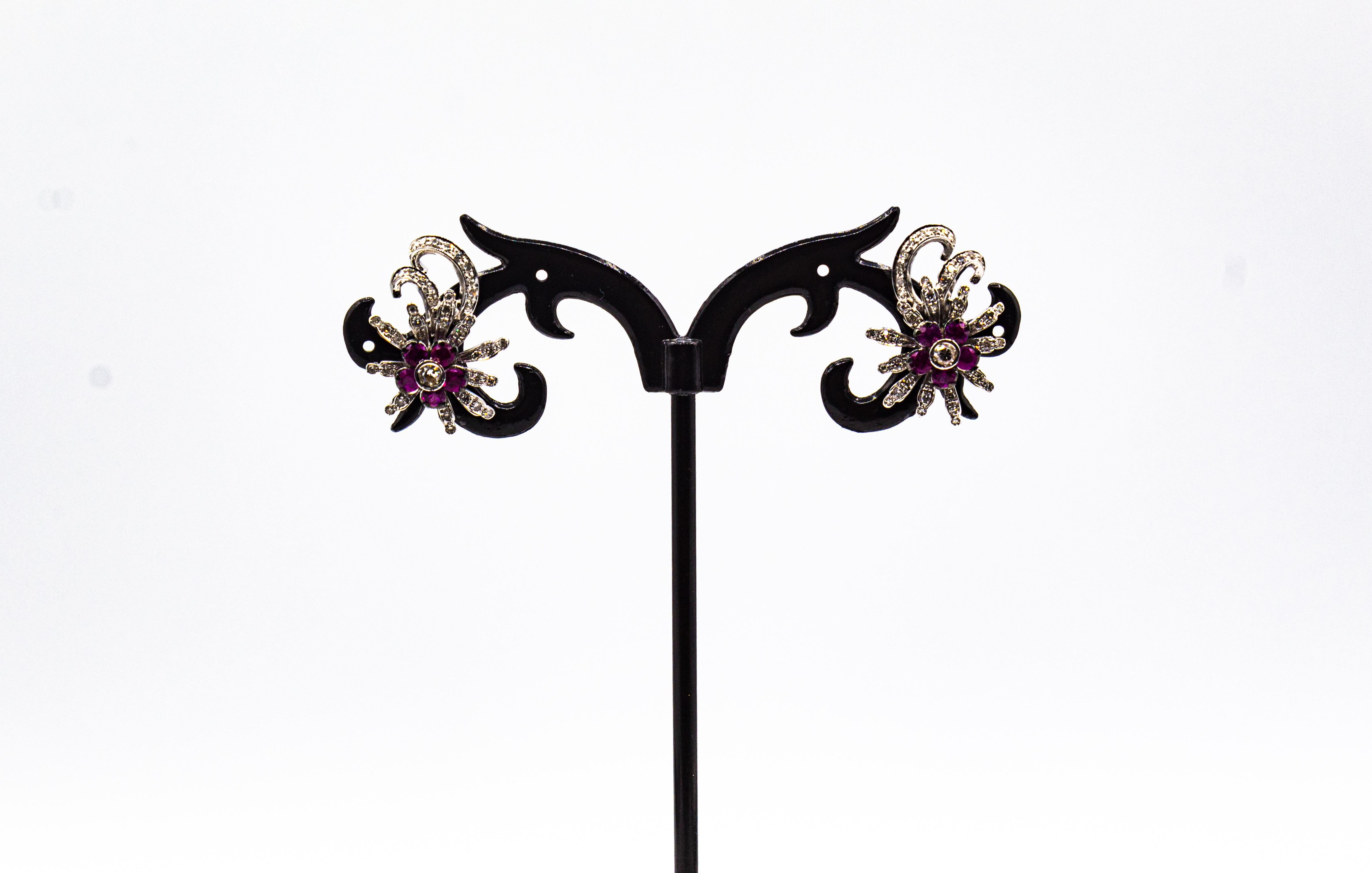 Boucles d'oreilles or blanc rubis diamant taille brillant style Art Nouveau en vente 4