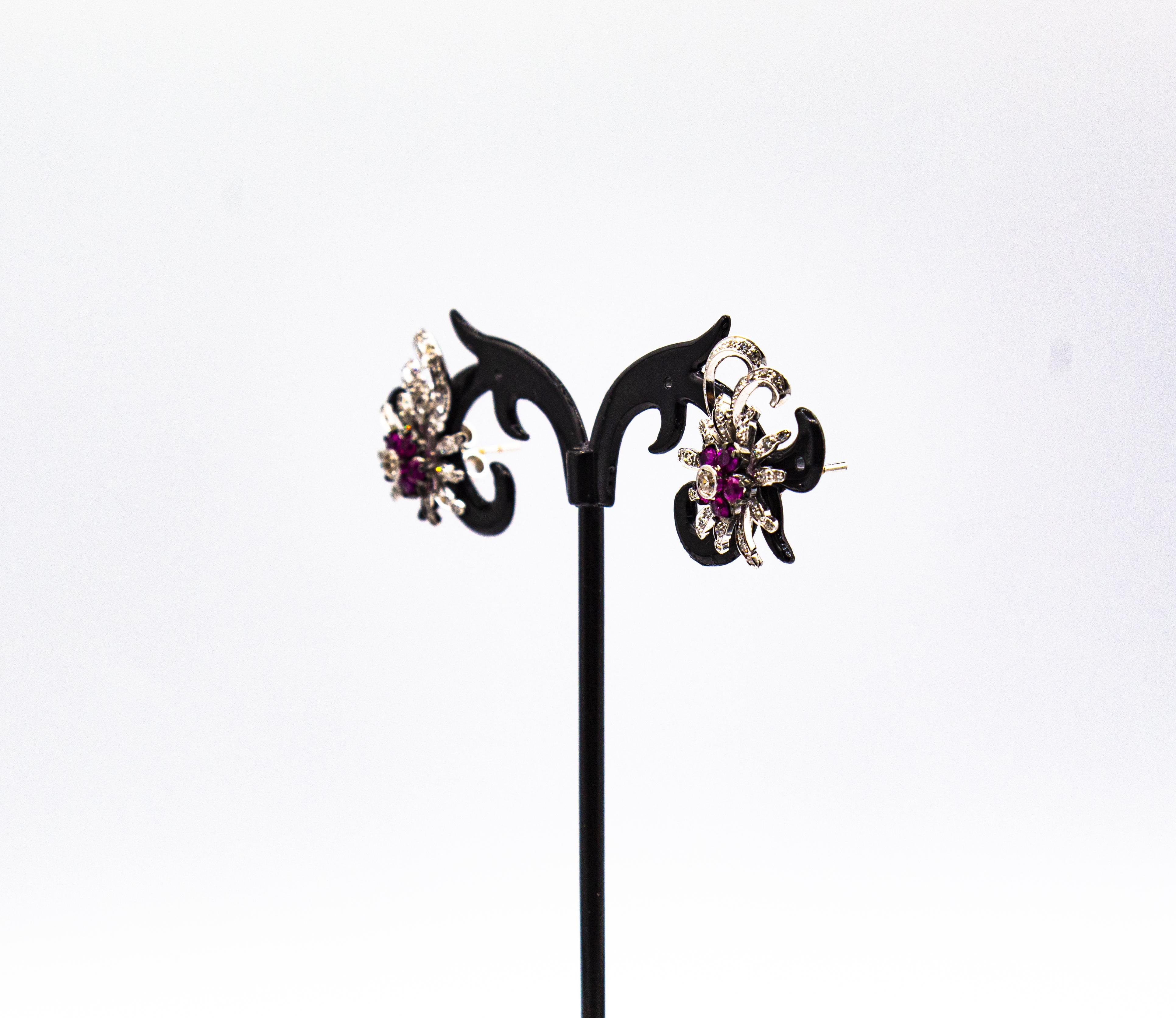 Art Nouveau Style White Brilliant Cut Diamond Ruby White Gold Stud Earrings For Sale 6