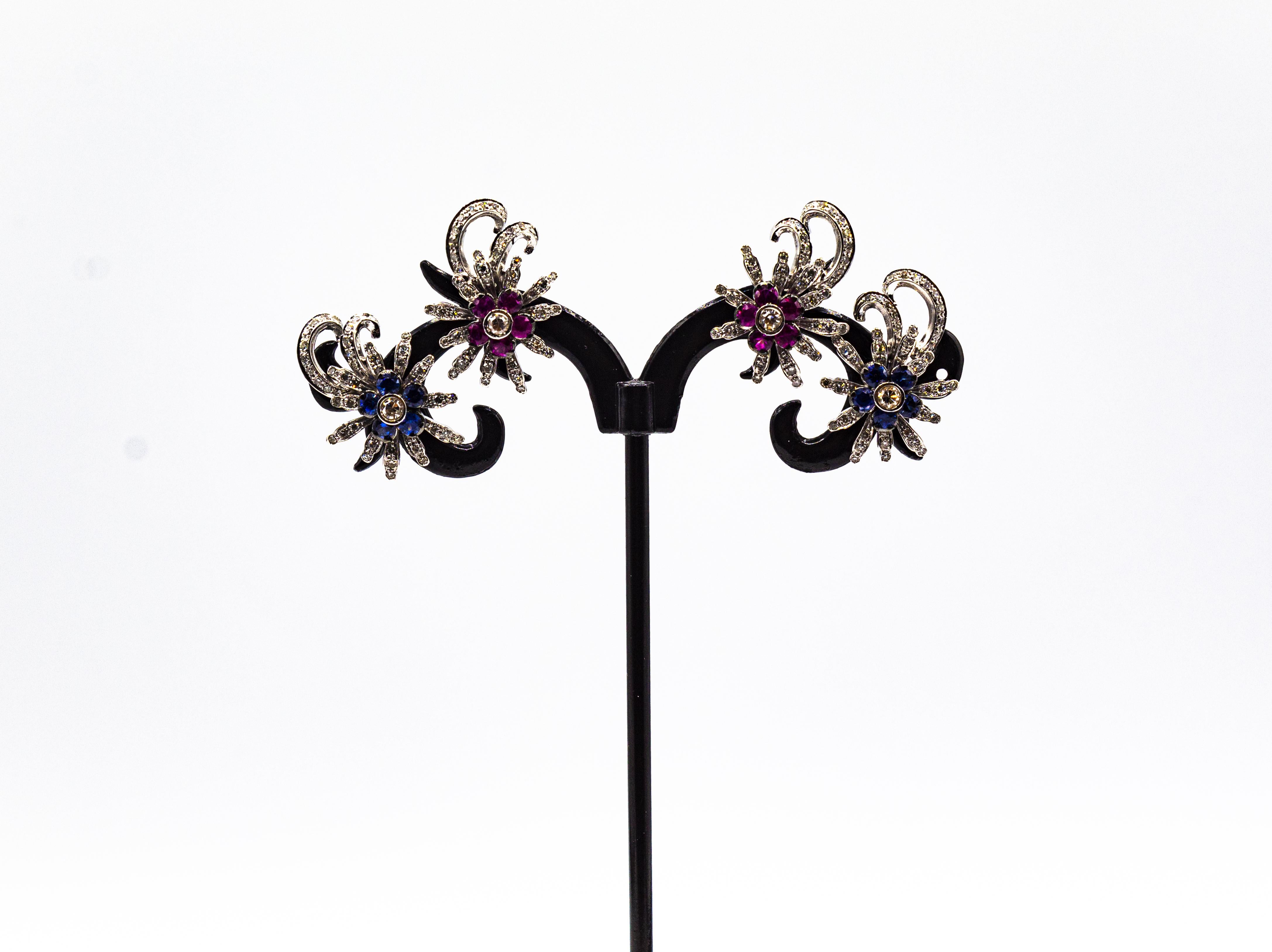 Taille brillant Boucles d'oreilles or blanc rubis diamant taille brillant style Art Nouveau en vente