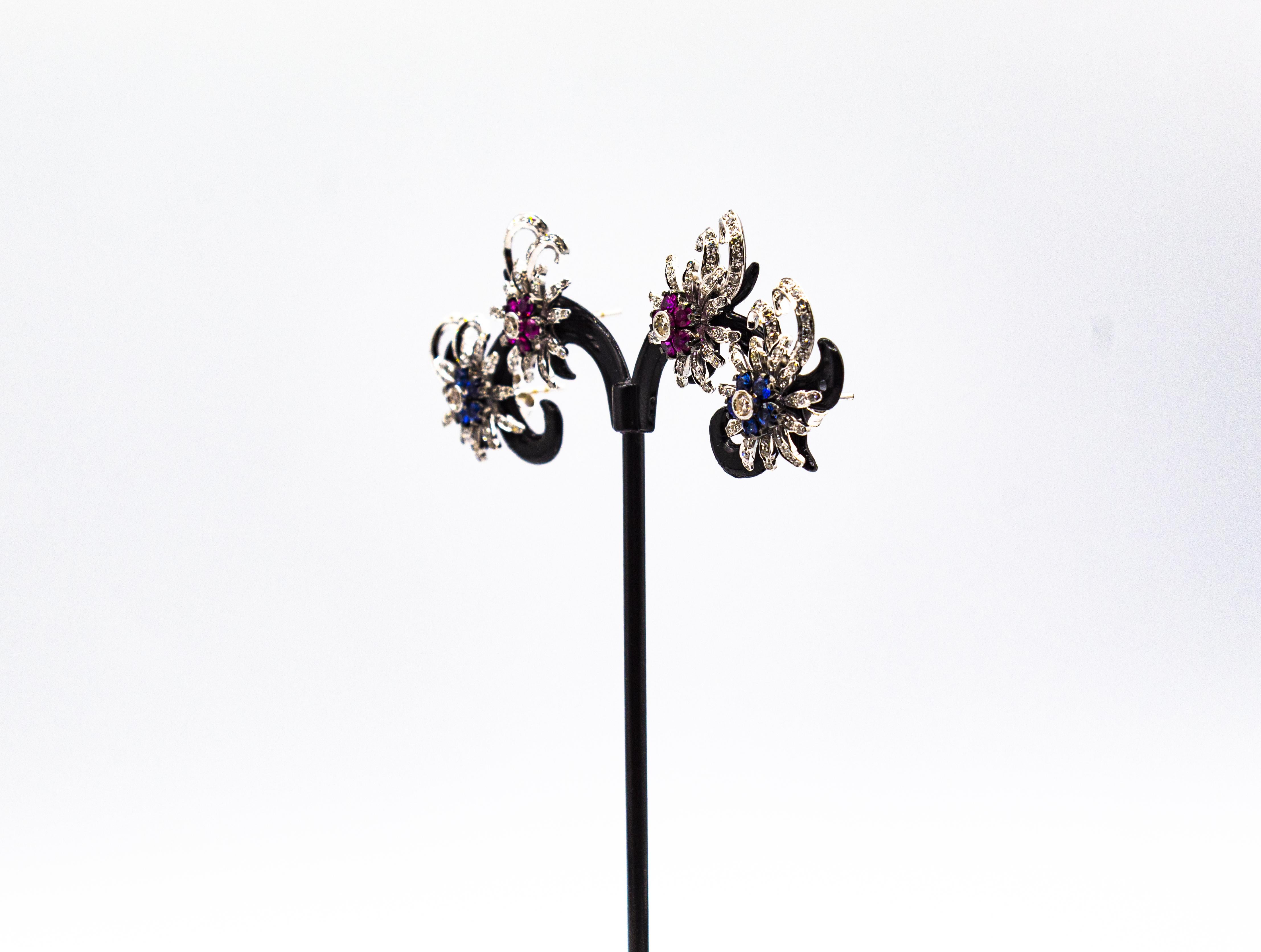 Boucles d'oreilles or blanc rubis diamant taille brillant style Art Nouveau Unisexe en vente