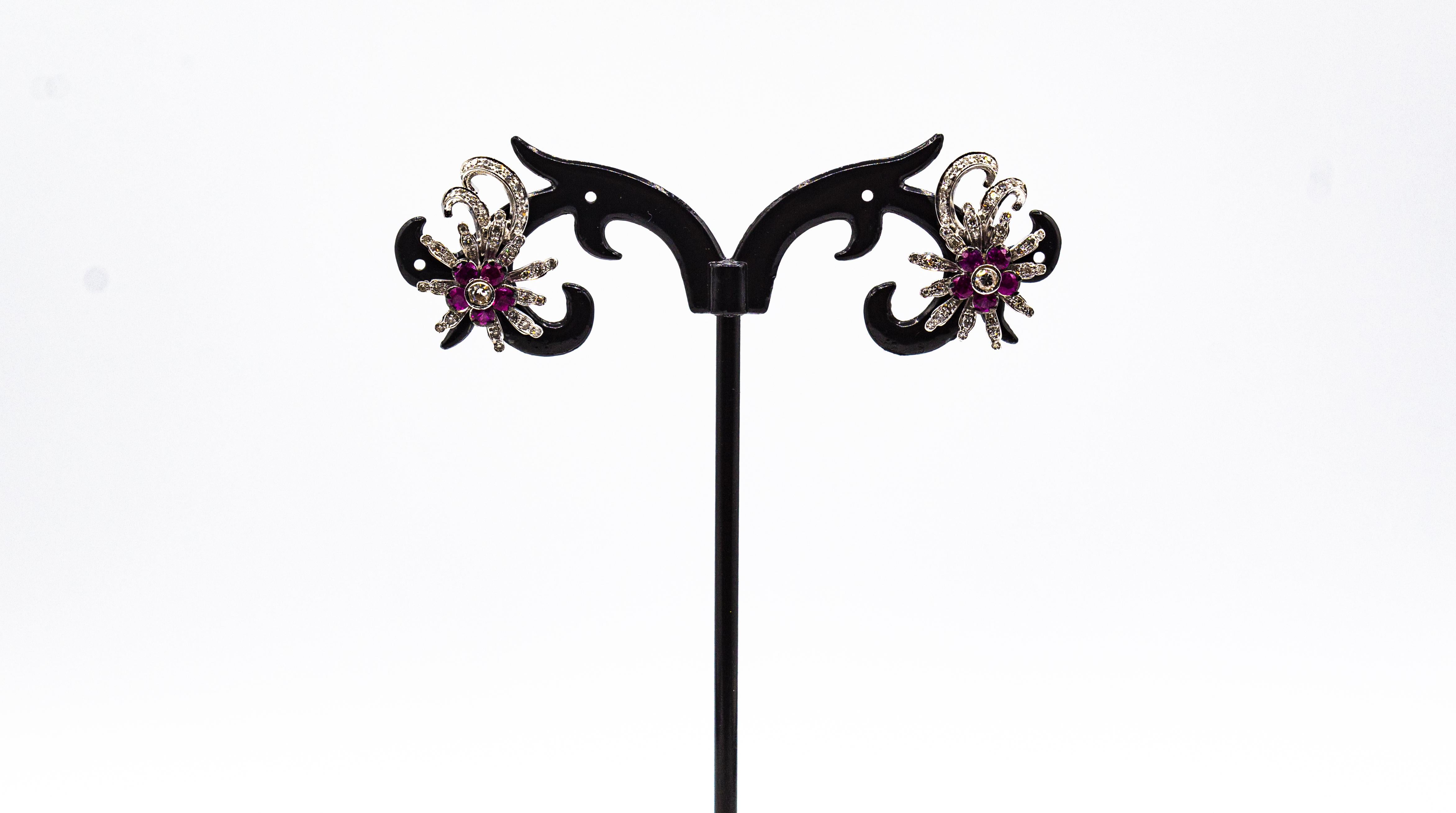 Boucles d'oreilles or blanc rubis diamant taille brillant style Art Nouveau en vente 3